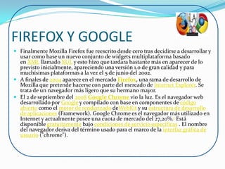FIREFOX Y GOOGLE
 Finalmente Mozilla Firefox fue reescrito desde cero tras decidirse a desarrollar y
  usar como base un nuevo conjunto de widgets multiplataforma basado
  en XML llamado XUL y esto hizo que tardara bastante más en aparecer de lo
  previsto inicialmente, apareciendo una versión 1.0 de gran calidad y para
  muchísimas plataformas a la vez el 5 de junio del 2002.
 A finales de 2004 aparece en el mercado Firefox, una rama de desarrollo de
  Mozilla que pretende hacerse con parte del mercado de Internet Explorer. Se
  trata de un navegador más ligero que su hermano mayor.
 El 2 de septiembre del 2008 Google Chrome vio la luz. Es el navegador web
  desarrollado por Google y compilado con base en componentes de código
  abierto como el motor de renderizado deWebKit y su estructura de desarrollo
  de aplicaciones (Framework). Google Chrome es el navegador más utilizado en
  Internet y actualmente posee una cuota de mercado del 27,20%.1 Está
  disponible gratuitamente bajo condiciones de servicio específicas . El nombre
  del navegador deriva del término usado para el marco de la interfaz gráfica de
  usuario ("chrome").
 