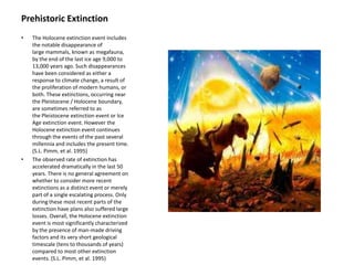Prehistoric ExtinctionThe Holocene extinction event includes the notable disappearance of large mammals, known as megafauna, by the end of the last ice age 9,000 to 13,000 years ago. Such disappearances have been considered as either a response to climate change, a result of the proliferation of modern humans, or both. These extinctions, occurring near the Pleistocene / Holocene boundary, are sometimes referred to as the Pleistocene extinction event or Ice Age extinction event. However the Holocene extinction event continues through the events of the past several millennia and includes the present time. (S.L. Pimm, et al. 1995)