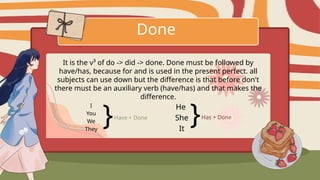 Done
It is the v³ of do -> did -> done. Done must be followed by
have/has, because for and is used in the present perfect. all
subjects can use down but the difference is that before don't
there must be an auxiliary verb (have/has) and that makes the
difference.
I
You
We
They
}Have + Done
}Has + Done
He
She
It
 