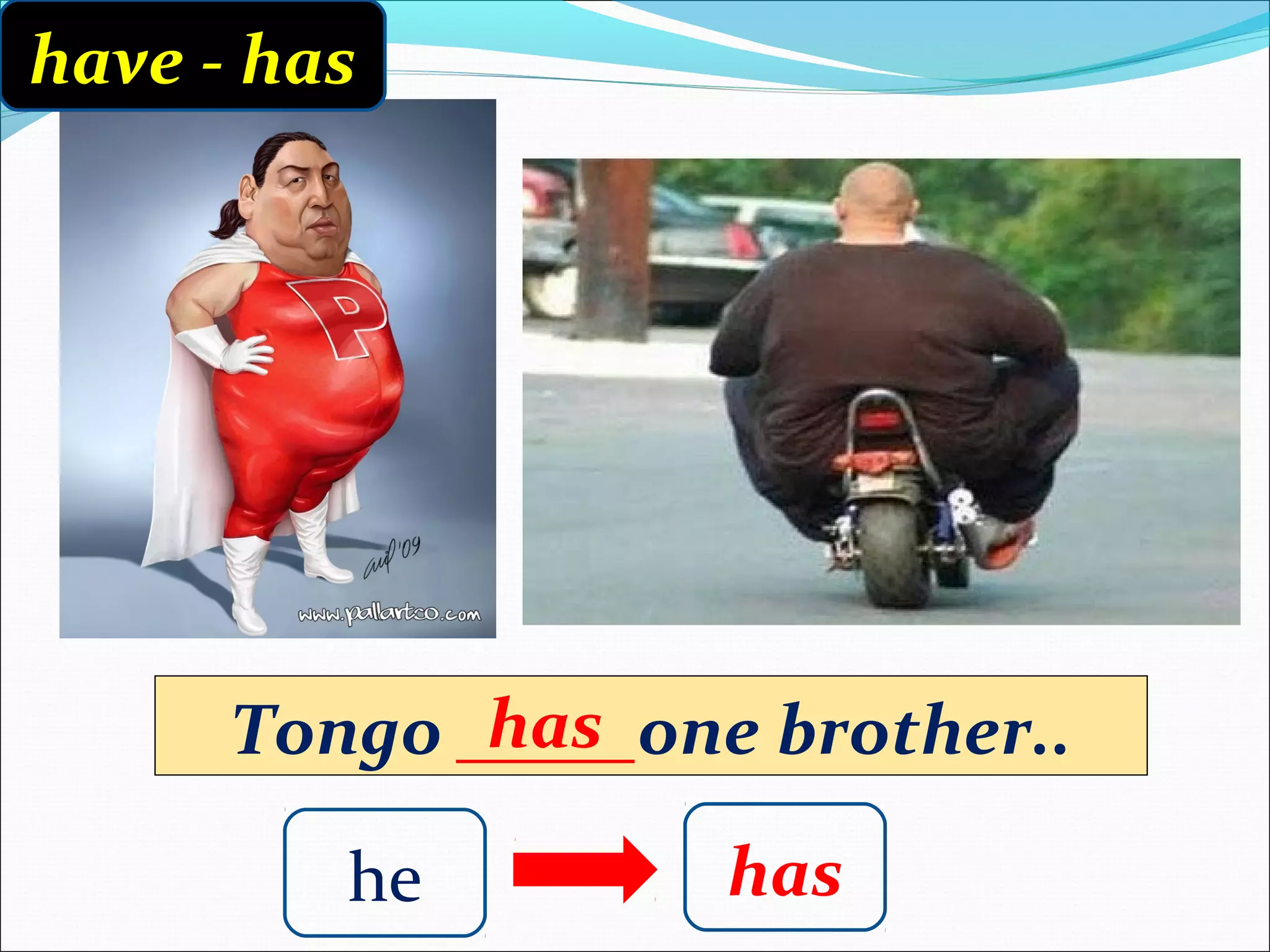 Tongo _____one brother..
has
has
have - has
he
 