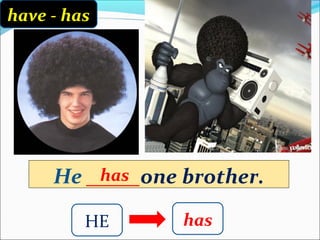 He _____one brother.
HE has
has
have - has
 