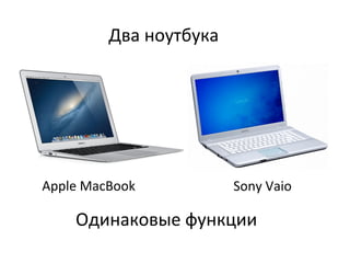Два	
  ноутбука	
  

Apple	
  MacBook	
  

Sony	
  Vaio	
  

Одинаковые	
  функции	
  

 