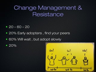 Change Management &Change Management &
ResistanceResistance
● 20 – 60 – 2020 – 60 – 20
● 20% Early adopters , find your pe...