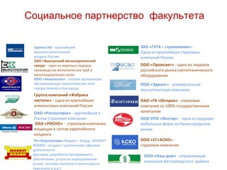 Социальное партнерство факультета
Группа ГАЗ - крупнейший
машиностроительный
холдинг России
ОАО «Выксунский металлургический
завод» - один из мировых лидеров
производства металлических труб и
железнодорожных колес
ООО «Энергосети» - сетевая организация,
обслуживающая энергетические сети
города Нижнего Новгорода

Группа компаний «Фабрика
чистоты» - одна из крупнейших
клининговых компаний России
ОАО «Росгосстрах» - крупнейшая в
России страховая компания
ОАО «РОСНО» - страховая компания,
входящая в состав европейского
холдинга
ГК «Перспектива» Маркет – Боард (MARKET
BOARD) - холдинг с различными сферами
деятельности
(реклама, разработка программного
обеспечения, услуги на корпоративном
рынке, системы контроля и мониторинга
персонала и д.р.)

ЗАО «ГУТА – страхование» Одна из крупнейших страховых
компаний России
ООО «Промсвет» - один из лидеров
российского рынка светотехнического
оборудования
ООО «Эдванс» - универсальная
консалтинговая компания
ОАО «ГК «Югория» - страховая
компания со 100% государственным
капиталом
ООО НПО «Вектор» - одна из ведущих
мебельных фирм на Нижегородском
рынке
ООО «СГ«АСКО» страховая компания
ООО «Наш дом» - управляющая
компания Автозаводского района

 