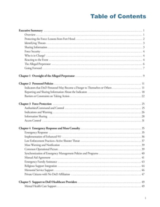 Table of Contents

Executive Summary  .  .  .  .  .  .  .  .  .  .  .  .  .  .  .  .  .  .  .  .  .  .  .  .  .  .  .  .  .  .  .  .  .  .  .  .  .  .  .  .  .  .  .  .  .  .  .  .  .  .  .  .  .  .  .  .  .  .  .  .  .  .  .  .  .  .  .  .  .  .  .  .  .  .  . 1
    Overview  .  .  .  .  .  .  .  .  .  .  .  .  .  .  .  .  .  .  .  .  .  .  .  .  .  .  .  .  .  .  .  .  .  .  .  .  .  .  .  .  .  .  .  .  .  .  .  .  .  .  .  .  .  .  .  .  .  .  .  .  .  .  .  .  .  .  .  .  .  .  .  .  .  .  .  .  .  .  .  .  . 1
    Protecting the Force: Lessons from Fort Hood  .  .  .  .  .  .  .  .  .  .  .  .  .  .  .  .  .  .  .  .  .  .  .  .  .  .  .  .  .  .  .  .  .  .  .  .  .  .  .  .  .  .  .  .  .  .  .  .  .  .  . 2
    Identifying Threats  .  .  .  .  .  .  .  .  .  .  .  .  .  .  .  .  .  .  .  .  .  .  .  .  .  .  .  .  .  .  .  .  .  .  .  .  .  .  .  .  .  .  .  .  .  .  .  .  .  .  .  .  .  .  .  .  .  .  .  .  .  .  .  .  .  .  .  .  .  .  .  .  . 3
    Sharing Information  .  .  .  .  .  .  .  .  .  .  .  .  .  .  .  .  .  .  .  .  .  .  .  .  .  .  .  .  .  .  .  .  .  .  .  .  .  .  .  .  .  .  .  .  .  .  .  .  .  .  .  .  .  .  .  .  .  .  .  .  .  .  .  .  .  .  .  .  .  .  .  . 3
    Force Security  .  .  .  .  .  .  .  .  .  .  .  .  .  .  .  .  .  .  .  .  .  .  .  .  .  .  .  .  .  .  .  .  .  .  .  .  .  .  .  .  .  .  .  .  .  .  .  .  .  .  .  .  .  .  .  .  .  .  .  .  .  .  .  .  .  .  .  .  .  .  .  .  .  .  .  .  . 4
    Who is in Charge?  .  .  .  .  .  .  .  .  .  .  .  .  .  .  .  .  .  .  .  .  .  .  .  .  .  .  .  .  .  .  .  .  .  .  .  .  .  .  .  .  .  .  .  .  .  .  .  .  .  .  .  .  .  .  .  .  .  .  .  .  .  .  .  .  .  .  .  .  .  .  .  .  . 4
    Reacting to the Event  .  .  .  .  .  .  .  .  .  .  .  .  .  .  .  .  .  .  .  .  .  .  .  .  .  .  .  .  .  .  .  .  .  .  .  .  .  .  .  .  .  .  .  .  .  .  .  .  .  .  .  .  .  .  .  .  .  .  .  .  .  .  .  .  .  .  .  .  .  .  . 4
    The Alleged Perpetrator  .  .  .  .  .  .  .  .  .  .  .  .  .  .  .  .  .  .  .  .  .  .  .  .  .  .  .  .  .  .  .  .  .  .  .  .  .  .  .  .  .  .  .  .  .  .  .  .  .  .  .  .  .  .  .  .  .  .  .  .  .  .  .  .  .  .  .  .  . 6
    Going Forward  .  .  .  .  .  .  .  .  .  .  .  .  .  .  .  .  .  .  .  .  .  .  .  .  .  .  .  .  .  .  .  .  .  .  .  .  .  .  .  .  .  .  .  .  .  .  .  .  .  .  .  .  .  .  .  .  .  .  .  .  .  .  .  .  .  .  .  .  .  .  .  .  .  .  .  . 7

Chapter 1 Oversight of the Alleged Perpetrator  .  .  .  .  .  .  .  .  .  .  .  .  .  .  .  .  .  .  .  .  .  .  .  .  .  .  .  .  .  .  .  .  .  .  .  .  .  .  .  .  .  .  .  .  .  .  .  .  .  .  . 9

Chapter 2 Personnel Policies  .  .  .  .  .  .  .  .  .  .  .  .  .  .  .  .  .  .  .  .  .  .  .  .  .  .  .  .  .  .  .  .  .  .  .  .  .  .  .  .  .  .  .  .  .  .  .  .  .  .  .  .  .  .  .  .  .  .  .  .  .  .  .  .  .  . 11
    Indicators that DoD Personnel May Become a Danger to Themselves or Others  .  .  .  .  .  .  .  .  .  .  .  .  .  .  .  .  .  .  .  .  .  . 11
    Reporting and Sharing Information About the Indicators  .  .  .  .  .  .  .  .  .  .  .  .  .  .  .  .  .  .  .  .  .  .  .  .  .  .  .  .  .  .  .  .  .  .  .  .  .  .  .  . 18
    Barriers or Constraints on Taking Action  .  .  .  .  .  .  .  .  .  .  .  .  .  .  .  .  .  .  .  .  .  .  .  .  .  .  .  .  .  .  .  .  .  .  .  .  .  .  .  .  .  .  .  .  .  .  .  .  .  .  .  .  .  . 22

Chapter 3 Force Protection  .  .  .  .  .  .  .  .  .  .  .  .  .  .  .  .  .  .  .  .  .  .  .  .  .  .  .  .  .  .  .  .  .  .  .  .  .  .  .  .  .  .  .  .  .  .  .  .  .  .  .  .  .  .  .  .  .  .  .  .  .  .  .  .  .  .  . 25
    Authorities/Command and Control  .  .  .  .  .  .  .  .  .  .  .  .  .  .  .  .  .  .  .  .  .  .  .  .  .  .  .  .  .  .  .  .  .  .  .  .  .  .  .  .  .  .  .  .  .  .  .  .  .  .  .  .  .  .  .  .  .  . 25
    Indications and Warning  .  .  .  .  .  .  .  .  .  .  .  .  .  .  .  .  .  .  .  .  .  .  .  .  .  .  .  .  .  .  .  .  .  .  .  .  .  .  .  .  .  .  .  .  .  .  .  .  .  .  .  .  .  .  .  .  .  .  .  .  .  .  .  .  .  .  . 26
    Information Sharing  .  .  .  .  .  .  .  .  .  .  .  .  .  .  .  .  .  .  .  .  .  .  .  .  .  .  .  .  .  .  .  .  .  .  .  .  .  .  .  .  .  .  .  .  .  .  .  .  .  .  .  .  .  .  .  .  .  .  .  .  .  .  .  .  .  .  .  .  .  . 28
    Access Control  .  .  .  .  .  .  .  .  .  .  .  .  .  .  .  .  .  .  .  .  .  .  .  .  .  .  .  .  .  .  .  .  .  .  .  .  .  .  .  .  .  .  .  .  .  .  .  .  .  .  .  .  .  .  .  .  .  .  .  .  .  .  .  .  .  .  .  .  .  .  .  .  .  .  . 31

Chapter 4 Emergency Response and Mass Casualty  .  .  .  .  .  .  .  .  .  .  .  .  .  .  .  .  .  .  .  .  .  .  .  .  .  .  .  .  .  .  .  .  .  .  .  .  .  .  .  .  .  .  .  .  .  . 35
    Emergency Response  .  .  .  .  .  .  .  .  .  .  .  .  .  .  .  .  .  .  .  .  .  .  .  .  .  .  .  .  .  .  .  .  .  .  .  .  .  .  .  .  .  .  .  .  .  .  .  .  .  .  .  .  .  .  .  .  .  .  .  .  .  .  .  .  .  .  .  .  .  . 35
    Implementation of Enhanced 911  .  .  .  .  .  .  .  .  .  .  .  .  .  .  .  .  .  .  .  .  .  .  .  .  .  .  .  .  .  .  .  .  .  .  .  .  .  .  .  .  .  .  .  .  .  .  .  .  .  .  .  .  .  .  .  .  .  .  .  . 36
    Law Enforcement Practices–Active Shooter Threat  .  .  .  .  .  .  .  .  .  .  .  .  .  .  .  .  .  .  .  .  .  .  .  .  .  .  .  .  .  .  .  .  .  .  .  .  .  .  .  .  .  .  .  .  .  . 37
    Mass Warning and Notification  .  .  .  .  .  .  .  .  .  .  .  .  .  .  .  .  .  .  .  .  .  .  .  .  .  .  .  .  .  .  .  .  .  .  .  .  .  .  .  .  .  .  .  .  .  .  .  .  .  .  .  .  .  .  .  .  .  .  .  .  . 39
    Common Operational Picture  .  .  .  .  .  .  .  .  .  .  .  .  .  .  .  .  .  .  .  .  .  .  .  .  .  .  .  .  .  .  .  .  .  .  .  .  .  .  .  .  .  .  .  .  .  .  .  .  .  .  .  .  .  .  .  .  .  .  .  .  .  .  . 39
    Synchronization of Emergency Management Policies and Programs  .  .  .  .  .  .  .  .  .  .  .  .  .  .  .  .  .  .  .  .  .  .  .  .  .  .  .  .  .  .  .  . 40
    Mutual Aid Agreement  .  .  .  .  .  .  .  .  .  .  .  .  .  .  .  .  .  .  .  .  .  .  .  .  .  .  .  .  .  .  .  .  .  .  .  .  .  .  .  .  .  .  .  .  .  .  .  .  .  .  .  .  .  .  .  .  .  .  .  .  .  .  .  .  .  .  .  . 41
    Emergency Family Assistance  .  .  .  .  .  .  .  .  .  .  .  .  .  .  .  .  .  .  .  .  .  .  .  .  .  .  .  .  .  .  .  .  .  .  .  .  .  .  .  .  .  .  .  .  .  .  .  .  .  .  .  .  .  .  .  .  .  .  .  .  .  .  . 43
    Religious Support Integration  .  .  .  .  .  .  .  .  .  .  .  .  .  .  .  .  .  .  .  .  .  .  .  .  .  .  .  .  .  .  .  .  .  .  .  .  .  .  .  .  .  .  .  .  .  .  .  .  .  .  .  .  .  .  .  .  .  .  .  .  .  .  . 44
    Memorial Service Support  .  .  .  .  .  .  .  .  .  .  .  .  .  .  .  .  .  .  .  .  .  .  .  .  .  .  .  .  .  .  .  .  .  .  .  .  .  .  .  .  .  .  .  .  .  .  .  .  .  .  .  .  .  .  .  .  .  .  .  .  .  .  .  .  .  . 46
    Private Citizens with No DoD Affiliation  .  .  .  .  .  .  .  .  .  .  .  .  .  .  .  .  .  .  .  .  .  .  .  .  .  .  .  .  .  .  .  .  .  .  .  .  .  .  .  .  .  .  .  .  .  .  .  .  .  .  .  .  . 47

Chapter 5 Support to DoD Healthcare Providers  .  .  .  .  .  .  .  .  .  .  .  .  .  .  .  .  .  .  .  .  .  .  .  .  .  .  .  .  .  .  .  .  .  .  .  .  .  .  .  .  .  .  .  .  .  .  .  . 49
    Mental Health Care Support  .  .  .  .  .  .  .  .  .  .  .  .  .  .  .  .  .  .  .  .  .  .  .  .  .  .  .  .  .  .  .  .  .  .  .  .  .  .  .  .  .  .  .  .  .  .  .  .  .  .  .  .  .  .  .  .  .  .  .  .  .  .  .  . 49


                                                                                                                                                                                                                                                                    i
 