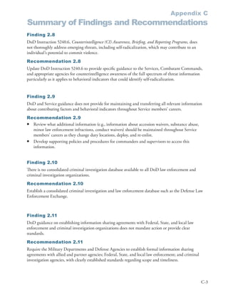 Appendix C
Summary of Findings and Recommendations
Finding 2.8
DoD Instruction 5240 .6, Counterintelligence (CI) Awareness, Briefing, and Reporting Programs, does
not thoroughly address emerging threats, including self-radicalization, which may contribute to an
individual’s potential to commit violence .
Recommendation 2.8
Update DoD Instruction 5240 .6 to provide specific guidance to the Services, Combatant Commands,
and appropriate agencies for counterintelligence awareness of the full spectrum of threat information
particularly as it applies to behavioral indicators that could identify self-radicalization .


Finding 2.9
DoD and Service guidance does not provide for maintaining and transferring all relevant information
about contributing factors and behavioral indicators throughout Service members’ careers .
Recommendation 2.9
• Review what additional information (e .g ., information about accession waivers, substance abuse,
  minor law enforcement infractions, conduct waivers) should be maintained throughout Service
  members’ careers as they change duty locations, deploy, and re-enlist .
• Develop supporting policies and procedures for commanders and supervisors to access this
  information .


Finding 2.10
There is no consolidated criminal investigation database available to all DoD law enforcement and
criminal investigation organizations .
Recommendation 2.10
Establish a consolidated criminal investigation and law enforcement database such as the Defense Law
Enforcement Exchange .



Finding 2.11
DoD guidance on establishing information sharing agreements with Federal, State, and local law
enforcement and criminal investigation organizations does not mandate action or provide clear
standards .
Recommendation 2.11
Require the Military Departments and Defense Agencies to establish formal information sharing
agreements with allied and partner agencies; Federal, State, and local law enforcement; and criminal
investigation agencies, with clearly established standards regarding scope and timeliness .



                                                                                                       C-3
 