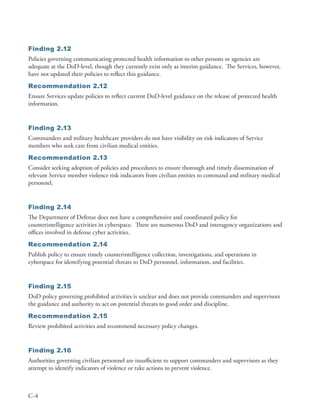 Finding 2.12
Policies governing communicating protected health information to other persons or agencies are
adequate at the DoD-level, though they currently exist only as interim guidance . The Services, however,
have not updated their policies to reflect this guidance .
Recommendation 2.12
Ensure Services update policies to reflect current DoD-level guidance on the release of protected health
information .


Finding 2.13
Commanders and military healthcare providers do not have visibility on risk indicators of Service
members who seek care from civilian medical entities .
Recommendation 2.13
Consider seeking adoption of policies and procedures to ensure thorough and timely dissemination of
relevant Service member violence risk indicators from civilian entities to command and military medical
personnel .


Finding 2.14
The Department of Defense does not have a comprehensive and coordinated policy for
counterintelligence activities in cyberspace . There are numerous DoD and interagency organizations and
offices involved in defense cyber activities .
Recommendation 2.14
Publish policy to ensure timely counterintelligence collection, investigations, and operations in
cyberspace for identifying potential threats to DoD personnel, information, and facilities .


Finding 2.15
DoD policy governing prohibited activities is unclear and does not provide commanders and supervisors
the guidance and authority to act on potential threats to good order and discipline .
Recommendation 2.15
Review prohibited activities and recommend necessary policy changes .


Finding 2.16
Authorities governing civilian personnel are insufficient to support commanders and supervisors as they
attempt to identify indicators of violence or take actions to prevent violence .



C-4
 