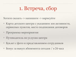 1. Встреча, сбор
Хотите сказать -> напишите -> нарисуйте
❖ Карта детского центра с указанием зон активности,
сервисных пунктов, место подписания договоров
❖ Программа мероприятия
❖ Путеводитель по услугам центра
❖ Буклет с фото и представлением сотрудников
❖ Бонус за выкуп абонемента сегодня / в 24 часа
 