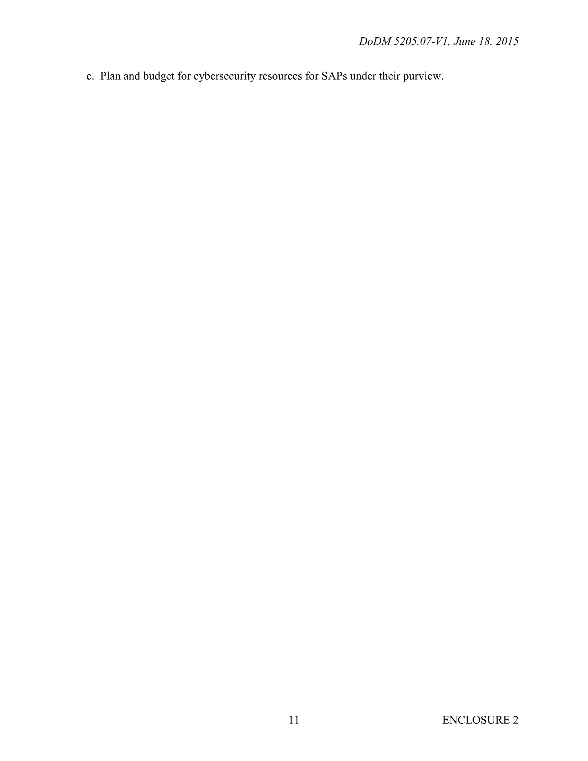 DoDM 5205.07-V1, June 18, 2015
ENCLOSURE 211
e. Plan and budget for cybersecurity resources for SAPs under their purview.
 