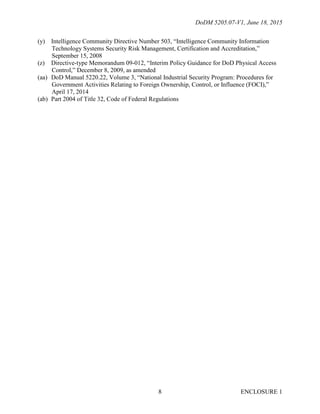 DoDM 5205.07-V1, June 18, 2015
ENCLOSURE 18
(y) Intelligence Community Directive Number 503, “Intelligence Community Information
Technology Systems Security Risk Management, Certification and Accreditation,”
September 15, 2008
(z) Directive-type Memorandum 09-012, “Interim Policy Guidance for DoD Physical Access
Control,” December 8, 2009, as amended
(aa) DoD Manual 5220.22, Volume 3, “National Industrial Security Program: Procedures for
Government Activities Relating to Foreign Ownership, Control, or Influence (FOCI),”
April 17, 2014
(ab) Part 2004 of Title 32, Code of Federal Regulations
 
