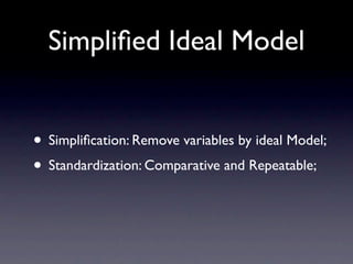 Simpliﬁed Ideal Model


• Simpliﬁcation: Remove variables by ideal Model;
• Standardization: Comparative and Repeatable;
 