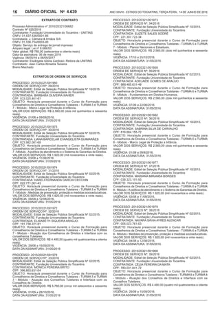 Ano XXVIII - Estado do Tocantins, terça-feira, 14 de junho de 20164.639DIÁRIO OFICIAL No
16
EXTRATO DE CONTRATO
Processo Administrativo nº 2016/20321/00682
Contrato Nº 025/2016
Contratante: Fundação Universidade do Tocantins - UNITINS
CNPJ: 01.637.536/0001-85
Contratada: J. Câmara & Irmãos S/A
CNPJ: 01.536.754/0003-95
Objeto: Serviço de entrega de jornal impresso
Amparo legal: Lei nº 8.666/93
Valor global: R$ 780,00 (setecentos e oitenta reais)
Data da assinatura: 06 de maio 2016
Vigência: 06/05/16 a 06/05/2017
Contratante: Elizângela Glória Cardoso- Reitora da UNITINS
Contratado: Jean Carlos Almeida Teixeira
Breno Machado
EXTRATOS DE ORDEM DE SERVIÇOS
PROCESSO: 2015/20321/001960
ORDEM DE SERVIÇO Nº: 29/2016
MODALIDADE: Edital de Seleção Pública Simplificada Nº 10/2015
CONTRATANTE: Fundação Universidade do Tocantins
CONTRATADA: BÁRBARA OLIVEIRA XAVIER
CPF: 033.025.461-81
OBJETO: Hora/aula presencial durante o Curso de Formação para
Conselheiros de Direitos e Conselheiros Tutelares - TURMA 5 e TURMA
7 - Módulo - Marco Legal de Proteção à infância.
VALOR DOS SERVIÇOS: R$ 2.560,00 (dois mil quinhentos e sessenta
reais).
VIGÊNCIA: 01/08 a 09/08/2016.
DATA DA ASSINATURA: 31/05/2016
PROCESSO: 2015/20321/001975
ORDEM DE SERVIÇO Nº: 30/2016
MODALIDADE: Edital de Seleção Pública Simplificada Nº 02/2015.
CONTRATANTE: Fundação Universidade do Tocantins
CONTRATADA: LIANA BARCELAR EVANGELISTA GUIMARÃES
CPF: 823.982.081-68
OBJETO: Hora/aula presencial durante o Curso de Formação para
Conselheiros de Direitos e Conselheiros Tutelares - TURMA 5 e TURMA
7 - Módulo -Apolítica de atendimento e o Sistema de Garantias de Direitos.
VALOR DOS SERVIÇOS: R$ 1.920,00 (mil novecentos e vinte reais).
VIGÊNCIA: 03/08 a 11/08/2016.
DATA DA ASSINATURA: 31/05/2016
PROCESSO: 2015/20321/001974
ORDEM DE SERVIÇO Nº: 31/2016
MODALIDADE: Edital de Seleção Pública Simplificada Nº 02/2015
CONTRATANTE: Fundação Universidade do Tocantins
CONTRATADA: HARELI FERNANDA GARCIA CECCHIN
CPF: 022.771.061-43
OBJETO: Hora/aula presencial durante o Curso de Formação para
Conselheiros de Direitos e Conselheiros Tutelares - TURMA 5 e TURMA
7 - Módulo - Medidas de prevenção, proteção e medidas socioeducativas.
VALOR DOS SERVIÇOS: R$ 1.920,00 (mil novecentos e vinte reais).
VIGÊNCIA: 04/08 a 12/08/2016.
DATA DA ASSINATURA: 31/05/2016
PROCESSO: 2015/20321/001972
ORDEM DE SERVIÇO Nº: 32/2016
MODALIDADE: Edital de Seleção Pública Simplificada Nº 02/2015.
CONTRATANTE: Fundação Universidade do Tocantins
CONTRATADA: ELISABETH SIQUEIRA ARAÚJO.
CPF: 191.738.221-91
OBJETO: Hora/aula presencial durante o Curso de Formação para
Conselheiros de Direitos e Conselheiros Tutelares - TURMA 5 e TURMA
7 - Módulo - Atuação dos Conselheiros de Direitos e Interface com os
conselheiros Tutelares.
VALOR DOS SERVIÇOS: R$ 4.480,00 (quatro mil quatrocentos e oitenta
reais).
VIGÊNCIA: 29/08 a 15/09/2016.
DATA DA ASSINATURA: 31/05/2016
PROCESSO: 2015/20321/001978
ORDEM DE SERVIÇO Nº: 33/2016
MODALIDADE: Edital de Seleção Pública Simplificada Nº 02/2015
CONTRATANTE: Fundação Universidade do Tocantins
CONTRATADA: MÔNICA PEREIRA BRITO
CPF: 396.803.631-04
OBJETO: Hora/aula presencial durante o Curso de Formação para
Conselheiros de Direitos e Conselheiros Tutelares - TURMA 5 e TURMA
7 - Módulo - Atuação dos Conselhos Tutelares e Interface com os
Conselhos de Direitos.
VALOR DOS SERVIÇOS: R$ 5.760,00 (cinco mil setecentos e sessenta
reais).
VIGÊNCIA: 01/09 a 28/10/2016.
DATA DA ASSINATURA: 31/05/2016
PROCESSO: 2015/20321/001973
ORDEM DE SERVIÇO Nº: 34/2016
MODALIDADE: Edital de Seleção Pública Simplificada Nº 10/2015.
CONTRATANTE: Fundação Universidade do Tocantins
CONTRATADA: ELIZETE SALES SODRÉ
CPF: 221.307.722-34
OBJETO: Hora/aula presencial durante o Curso de Formação para
Conselheiros de Direitos e Conselheiros Tutelares - TURMA 5 e TURMA
7 - Módulo - Planos Nacionais e Estaduais.
VALOR DOS SERVIÇOS: R$ 2.560,00 (dois mil quinhentos e sessenta
reais).
VIGÊNCIA: 17/10 a 25/10/2016.
DATA DA ASSINATURA: 31/05/2016
PROCESSO: 2015/20321/001958
ORDEM DE SERVIÇO Nº: 35/2016
MODALIDADE: Edital de Seleção Pública Simplificada Nº 02/2015.
CONTRATANTE: Fundação Universidade do Tocantins
CONTRATADA: ADELAIDE GOMES DE ARAÚJO
CPF: 989.485.631-49
OBJETO: Hora/aula presencial durante o Curso de Formação para
Conselheiros de Direitos e Conselheiros Tutelares - TURMA 6 e TURMA
8 - Módulo - Fundamentos em Direitos Humanos.
VALOR DOS SERVIÇOS: R$ 2.560,00 (dois mil quinhentos e sessenta
reais).
VIGÊNCIA: 07/06 a 22/06/2016.
DATA DA ASSINATURA: 31/05/2016
PROCESSO: 2015/20321/001982
ORDEM DE SERVIÇO Nº: 36/2016
MODALIDADE: Edital de Seleção Pública Simplificada Nº 10/2015.
CONTRATANTE: Fundação Universidade do Tocantins
CONTRATADA: SABRINA SILVA DE CARVALHO
CPF: 816.884.155-72
OBJETO: Hora/aula presencial durante o Curso de Formação para
Conselheiros de Direitos e Conselheiros Tutelares - TURMA 6 e TURMA
8 - Módulo - Marco Legal de Proteção a Infância.
VALOR DOS SERVIÇOS: R$ 2.560,00 (dois mil quinhentos e sessenta
reais).
VIGÊNCIA: 01/08 a 09/8/2016.
DATA DA ASSINATURA: 31/05/2016
PROCESSO: 2015/20321/001977
ORDEM DE SERVIÇO Nº: 37/2016
MODALIDADE: Edital de Seleção Pública Simplificada Nº 10/2015.
CONTRATANTE: Fundação Universidade do Tocantins
CONTRATADA: MARIANA MIRANDA BORGES
CPF: 038.323.101-93
OBJETO: Hora/aula presencial durante o Curso de Formação para
Conselheiros de Direitos e Conselheiros Tutelares - TURMA 6 e TURMA
8 - Módulo -Apolítica de atendimento e o Sistema de Garantias de Direitos.
VALOR DOS SERVIÇOS: R$ 1.920,00 (mil novecentos e vinte reais).
VIGÊNCIA: 03/08 a 11/08/2016.
DATA DA ASSINATURA: 31/05/2016
PROCESSO: 2015/20321/001979
ORDEM DE SERVIÇO Nº: 38/2016
MODALIDADE: Edital de Seleção Pública Simplificada Nº 02/2015.
CONTRATANTE: Fundação Universidade do Tocantins
CONTRATADA: NAYARA SÁVIA AYRES ALENCAR
CPF: 005.023.761-63
OBJETO: Hora/aula presencial durante o Curso de Formação para
Conselheiros de Direitos e Conselheiros Tutelares - TURMA 6 e TURMA
8 - Módulo - Medidas de prevenção, proteção e medidas socioeducativas.
VALOR DOS SERVIÇOS: R$ 1.920,00 (mil novecentos e vinte reais).
VIGÊNCIA: 04/08 a 12/08/2016.
DATA DA ASSINATURA: 31/05/2016
PROCESSO: 2015/20321/001968
ORDEM DE SERVIÇO Nº: 39/2016
MODALIDADE: Edital de Seleção Pública Simplificada Nº 02/2015.
CONTRATANTE: Fundação Universidade do Tocantins
CONTRATADA: CÉLIA PEREIRA DA MATA
CPF: 783.031.841-72
OBJETO: Hora/aula presencial durante o Curso de Formação para
Conselheiros de Direitos e Conselheiros Tutelares - TURMA6 e TURMA8
- Módulo - Atuação dos Conselhos de Direitos e Interface com os
Conselhos Tutelares.
VALOR DOS SERVIÇOS: R$ 4.480,00 (quatro mil quatrocentos e oitenta
reais).
VIGÊNCIA: 29/08 a 15/09/2016.
DATA DA ASSINATURA: 31/05/2016
 