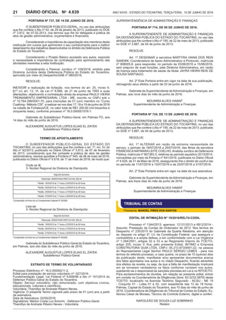 Ano XXVIII - Estado do Tocantins, terça-feira, 14 de junho de 20164.639DIÁRIO OFICIAL No
21
PORTARIA Nº 737, DE 14 DE JUNHO DE 2016.
O SUBDEFENSOR PÚBLICO-GERAL, no uso das atribuições
que lhe confere o Ato nº 42, de 29 de janeiro de 2013, publicado no DOE
nº 3.812, de 07.02.2013, nos termos que lhe foi delegada a prática de
atos de gestão administrativa, orçamentária e financeira;
Considerando a importância da capacitação dos membros desta
instituição em cursos que aprimorem o seu conhecimento para o melhor
desempenho dos trabalhos desenvolvidos no âmbito da Defensoria Pública
do Estado do Tocantins;
Considerando o Projeto Básico acostado aos autos, expondo
a necessidade e importância da contratação para aprimoramento das
atividades inerentes a esta Instituição;
Considerando o Parecer Jurídico nº 109/2016, emitido pela
Diretoria Jurídica desta Defensoria Pública do Estado do Tocantins,
aprovado por meio do Despacho/GAB nº 080/2016;
RESOLVE:
INEXIGIR a realização de licitação, nos termos do art. 25, inciso II,
§1º c/c art. 13, VI, da Lei nº 8.666, de 21 de junho de 1993 e suas
alterações, objetivando a contratação direta da empresa PAULO VIEIRA
TREINAMENTO EMPRESARIAL LTDA - ME, inscrita no CNPJ sob o
nº 10.764.296/0001-70, para inscrições de 01 (um) membro no “Curso
Coathing - Método CSI”, a realizar-se nos dias 17, 18 e 19 de junho de 2016
na cidade de Fortaleza/CE, no valor total de R$1.350,00 (mil trezentos e
cinquenta reais), conforme processo nº 16.0.000001576-1.
Gabinete do Subdefensor Público-Geral, em Palmas-TO, aos
14 dias do mês de junho de 2016.
Alexandre Augustus LOPES Elias El Zayek
Subdefensor Público-Geral
TERMO DE APOSTILAMENTO
O SUBDEFENSOR PÚBLICO-GERAL DO ESTADO DO
TOCANTINS, no uso das atribuições que lhe confere o art. 1º, inc. IV, do
Ato nº 42/2013, publicado no Diário Oficial nº 3.812, de 07 de fevereiro
de 2013, considerando que lhe compete a prática de atos de gestão
administrativa, resolve apostilar a Portaria nº 545, de 06 de maio de 2016,
publicada no Diário Oficial nº 4.618, de 11 de maio de 2016, de modo que:
Onde se lê:
3- Núcleo Regional da Diretoria de Dianópolis:
Segunda Quinzena
Plantonista: SEBASTIANA PANTOJA DAL MOLIN
Plantão: 18/05/2016 às 17 horas a 20/05/2016 às 08 horas
Plantão: 20/05/2016 às 17 horas a 23/05/2016 às 08 horas
Plantão: 25/05/2016 às 17 horas a 27/05/2016 às 08 horas
Plantão: 27/05/2016 às 17 horas a 30/05/2016 às 08 horas
*Compensado na forma da Lei Complementar Estadual Nº 55/2009.
Leia-se:
3- Núcleo Regional da Diretoria de Dianópolis:
Segunda Quinzena
Plantonista: SEBASTIANA PANTOJA DAL MOLIN
Plantão: 18/05/2016 às 17 horas a 23/05/2016 às 08 horas
Plantão: 25/05/2016 às 17 horas a 27/05/2016 às 08 horas
Plantão: 27/05/2016 às 17 horas a 30/05/2016 às 08 horas
*Compensado na forma da Lei Complementar Estadual Nº 55/2009.
Gabinete do Subdefensor Público-Geral do Estado do Tocantins,
em Palmas, aos oito dias do mês de junho de 2016.
ALEXANDRE AUGUSTUS LOPES ELIAS EL ZAYEK
Subdefensor Público-Geral
EXTRATO DE TERMO DE VOLUNTARIADO
Processo Eletrônico nº: 16.0.00000211-2.
Edital para prestação de serviço voluntario nº: 027/2016.
Fundamentação Legal: Lei Federal nº 9.608/98 e Ato nº 191/2014 do
Defensor Público-Geral do Estado do Tocantins.
Objeto: Serviço voluntário, não remunerado, com objetivos cívicos,
educacionais, culturais e científicos.
Voluntária: Thamillys de Andrade Ribeiro Neves.
Vigência: O presente Termo vigorará pelo prazo de 01 (um) ano a partir
da assinatura.
Data de Assinatura: 02/05/2016.
Signatários: Marlon Costa Luz Amorim - Defensor Público-Geral.
Thamillys de Andrade Ribeiro Neves - Voluntária.
SUPERINTENDÊNCIA DE ADMINISTRAÇÃO E FINANÇAS
PORTARIA Nº 714, DE 09 DE JUNHO DE 2016.
A SUPERINTENDENTE DE ADMINISTRAÇÃO E FINANÇAS
DA DEFENSORIA PÚBLICA DO ESTADO DO TOCANTINS, no uso das
atribuições que lhe confere oAto nº 195, de 22 de maio de 2013, publicado
no DOE nº 3.887, de 04 de junho de 2013,
RESOLVE:
Art. 1º DESIGNAR a servidora BARTYRA VIANA DOS REIS
SANDINI, Coordenadora de Apoio Administrativo e Protocolo, matrícula
nº 908005-8, para responder, no período de 03/06/2016 a 15/06/2016,
sem prejuízo de suas funções, pela Diretoria Administrativa, em razão
de licença para tratamento de saúde da titular JAYRA VIEIRA REIS DE
SOUSA SANTIAGO.
Art. 2º Esta Portaria entra em vigor na data de sua publicação,
retroagindo seus efeitos a partir de 03 de junho de 2016.
Gabinete da Superintendente de Administração e Finanças, em
Palmas, aos nove dias do mês de junho de 2016.
MOUNIRA ALVES HAWAT
Superintendente de Administração e Finanças
PORTARIA Nº 724, DE 13 DE JUNHO DE 2016.
A SUPERINTENDENTE DE ADMINISTRAÇÃO E FINANÇAS
DA DEFENSORIA PÚBLICA DO ESTADO DO TOCANTINS, no uso das
atribuições que lhe confere oAto nº 195, de 22 de maio de 2013, publicado
no DOE nº 3.887, de 04 de junho de 2013,
RESOLVE:
Art. 1º ALTERAR em razão de extrema necessidade de
serviço, o período de 18/07/2016 a 29/07/2016, das férias da servidora
FRANCISCANAYMARALEITE COELHO,Analista Jurídico de Defensoria
Pública, matrícula nº 907383-3, relativas ao período aquisitivo 2013/2014,
concedidas por meio da Portaria nº 641/2016, publicada no Diário Oficial
nº 4.629, de 31 de Maio de 2016, assegurando-lhe o direito de usufruí-las
no período de 11/07/2016 a 15/07/2016 e de 25/07/2016 a 31/07/2016.
Art. 2º Esta Portaria entra em vigor na data da sua assinatura.
Gabinete da Superintendente de Administração e Finanças, em
Palmas, aos treze dias do mês de junho de 2016.
MOUNIRA ALVES HAWAT
Superintendente de Administração e Finanças
TRIBUNAL DE CONTAS
Presidente: MANOEL PIRES DOS SANTOS
EDITAL DE INTIMAÇÃO NO
19/2016/RELT4-CODIL
Processo nº 1344/2013; apensos: 12131/2013 e 6812/2014 -
Assunto: Prestação de Contas de Ordenador de 2012. Nos termos do
Despacho nº 235/2015 do Gabinete da Quarta Relatoria, em atenção
ao disposto no artigo 5º, LV, da Constituição Federal, que assegura o
contraditório e a ampla defesa, e em conformidade com a Lei Orgânica
nº 1.284/2001, artigos 32 e 33 e ao Regimento Interno do TCE/TO,
artigo 205, inciso V, fica, pelo presente Edital, INTIMO a Empresa
CONSTRUTORA GUIA LTDA, CNPJ: 05.213.973/0001-22, na pessoa
do Representante Legal Senhor PAULO SÉRGIO LEMES - para nos
termos do referido processo, e caso queira, no prazo de 15 (quinze) dias
da publicação deste, manifestar e/ou apresentar documentos acerca
dos fatos apontados nos autos e no citado Despacho, ficando advertido
dos efeitos da revelia, ou seja, de que a falta de manifestação implicará
em se tornarem verdadeiros os fatos conforme constam nos autos,
sujeitando-se o responsável às sanções previstas em Lei e no RITCE/TO.
Para esclarecimentos de dúvidas, em relação ao presente edital, entrar
em contato na Coordenadoria de Diligências (fone: 63-3232-5878) deste
TCE/TO, localizado na Avenida Teotônio Segurado - ACSU - NE 10
- Conjunto 01 - Lotes 01 e 02, com expediente das 12 às 18 horas.
Palmas, Capital do Estado do Tocantins, aos 10 dias do mês de junho de
2016, Coordenadoria de Diligências do Tribunal de Contas do Estado. Eu,
Alonso César de Moraes, Técnico de Controle Externo, digitei e conferi.
NAPOLEÃO DE SOUZA LUZ SOBRINHO
Relator
 