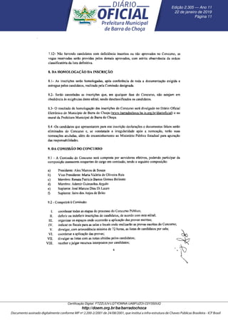 Edic¸ ˜ao 2.305 — Ano 11
22 de janeiro de 2019
P´agina 11
Certiﬁcac¸ ˜ao Digital: FTZZLIUV-LQTYOWNA-UABFUZOI-C0Y3S0UQ
http://doem.org.br/ba/barradochoca
 