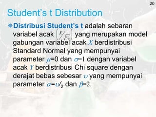 Student’s t Distribution
Distribusi Student’s t adalah sebaran
variabel acak yang merupakan model
gabungan variabel acak X berdistribusi
Standard Normal yang mempunyai
parameter =0 dan =1 dengan variabel
acak Y berdistribusi Chi square dengan
derajat bebas sebesar  yang mempunyai
parameter =/2 dan =2.









Y
X
20
 