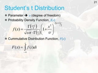 Student’s t Distribution
 Parameter   (degree of freedom)
 Probability Density Function, f(x)
 Cummulative Distribution Function, F(x)
 
 
 
2
1
2
2
2
1
1
)
(





















x
x
f



x
di
i
f
x
F )
(
)
(
21
 