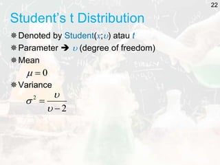 Student’s t Distribution
Denoted by Student(x;) atau t
Parameter   (degree of freedom)
Mean
Variance
0


2
2





22
 