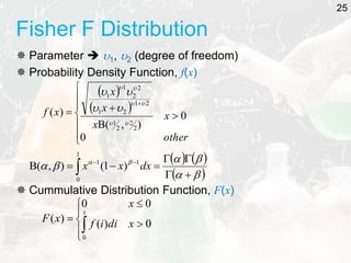 Fisher F Distribution
 Parameter  1, 2 (degree of freedom)
 Probability Density Function, f(x)
 Cummulative Distribution Function, F(x)








 0
)
(
0
0
)
(
0
x
di
i
f
x
x
F
x
 
 












other
x
x
x
x
x
f
0
0
)
,
(
)
(
2
2
2
1
2
1
2
1
2
2
1
1










   
 





 








 


1
0
1
1
)
1
(
)
,
( dx
x
x
25
 