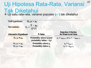 Uji Hipotesa Rata-Rata, Variansi
Tak Diketahui
 Uji satu rata-rata, variansi populasi (2) tak diketahui
47
 