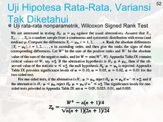 Uji Hipotesa Rata-Rata, Variansi
Tak Diketahui
 Uji rata-rata nonparametrik, Wilcoxon Signed Rank Test
52
 