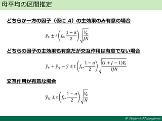 © Hajime Mizuyama
どちらか一方の因子（仮に A）の主効果のみ有意の場合
どちらの因子の主効果も有意だが交互作用は有意でない場合
交互作用が有意な場合
母平均の区間推定
𝑦𝑖∙ ± 𝑡 𝑓𝑒,
1 − 𝛼
2
𝑉𝑒
𝐽𝑁
𝑦𝑖𝑗 ± 𝑡 𝑓𝑒,
1 − 𝛼
2
𝑉𝑒
𝑁
𝑦𝑖∙ + 𝑦∙𝑗 − 𝑦 ± 𝑡 𝑓𝑒,
1 − 𝛼
2
(𝐼 + 𝐽 − 1)𝑉𝑒
𝐼𝐽𝑁
 