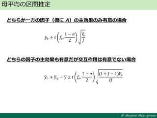 © Hajime Mizuyama
どちらか一方の因子（仮に A）の主効果のみ有意の場合
どちらの因子の主効果も有意だが交互作用は有意でない場合
母平均の区間推定
𝑦𝑖∙ ± 𝑡 𝑓𝑒,
1 − 𝛼
2
𝑉𝑒
𝐽
𝑦𝑖∙ + 𝑦∙𝑗 − 𝑦 ± 𝑡 𝑓𝑒,
1 − 𝛼
2
(𝐼 + 𝐽 − 1)𝑉𝑒
𝐼𝐽
 