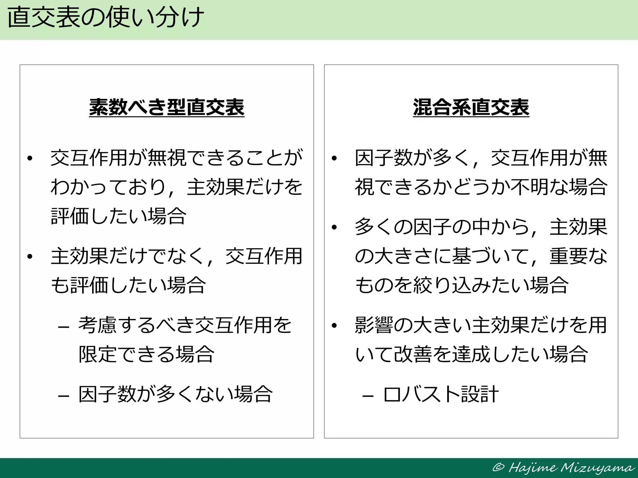 © Hajime Mizuyama
直交表の使い分け
素数べき型直交表
• 交互作用が無視できることが
わかっており，主効果だけを
評価したい場合
• 主効果だけでなく，交互作用
も評価したい場合
– 考慮するべき交互作用を
限定できる場合
– 因子数が多くない場合
素数べき型直交表
• 交互作用が無視できることが
わかっており，主効果だけを
評価したい場合
• 主効果だけでなく，交互作用
も評価したい場合
– 考慮するべき交互作用を
限定できる場合
– 因子数が多くない場合
混合系直交表
• 因子数が多く，交互作用が無
視できるかどうか不明な場合
• 多くの因子の中から，主効果
の大きさに基づいて，重要な
ものを絞り込みたい場合
• 影響の大きい主効果だけを用
いて改善を達成したい場合
– ロバスト設計
混合系直交表
• 因子数が多く，交互作用が無
視できるかどうか不明な場合
• 多くの因子の中から，主効果
の大きさに基づいて，重要な
ものを絞り込みたい場合
• 影響の大きい主効果だけを用
いて改善を達成したい場合
– ロバスト設計
 