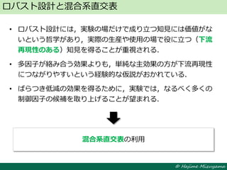 © Hajime Mizuyama
• ロバスト設計には，実験の場だけで成り立つ知見には価値がな
いという哲学があり，実際の生産や使用の場で役に立つ（下流
再現性のある）知見を得ることが重視される．
• 多因子が絡み合う効果よりも，単純な主効果の方が下流再現性
につながりやすいという経験的な仮説がおかれている．
• ばらつき低減の効果を得るために，実験では，なるべく多くの
制御因子の候補を取り上げることが望まれる．
ロバスト設計と混合系直交表
混合系直交表の利用
 