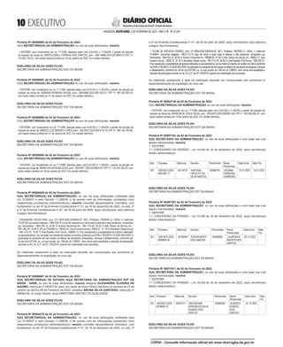  EXECUTIVO
SALVADOR, SEXTA-FEIRA, 3 DE FEVEREIRO DE 2023 - ANO CVII - No
23.597
República Federativa do Brasil - Estado da Bahia
DIÁRIO OFICIAL
Portaria Nº 00586885 de 02 de Fevereiro de 2023
O(A) SECRETÁRIO(A) DA ADMINISTRAÇÃO no uso de suas atribuições, resolve:
I DEFERIR, com fundamento na Lei 7.713/88, alterada pelas Leis 8.541/92 e 11.052/04 o pedido de isenção
de imposto de renda de: BARTOLOMEU CORREIA DOS SANTOS, proc.: 009.14966.2022.0073848-70 CPF nº:
110.843.755-91, com laudo médico emitido em 30 de Janeiro de 2023. Em caráter definitivo.
EDELVINO DA SILVA GOES FILHO
SECRETARIA DA ADMINISTRAÇÃO EST DA BAHIA
<#E.G.B#756034#10#818472/>
<#E.G.B#756035#10#818473>
Portaria Nº 00586887 de 02 de Fevereiro de 2023
O(A) SECRETÁRIO(A) DA ADMINISTRAÇÃO no uso de suas atribuições, resolve:
I DEFERIR, com fundamento na Lei 7.713/88, alterada pelas Leis 8.541/92 e 11.052/04 o pedido de isenção de
imposto de renda de: ROBSON MOREIRA SOUSA, proc.: 009.9486.2023.0001250-31 CPF nº: 387.220.205-78,
com laudo médico emitido em 31 de Janeiro de 2023. Em caráter definitivo.
EDELVINO DA SILVA GOES FILHO
SECRETARIA DA ADMINISTRAÇÃO EST DA BAHIA
<#E.G.B#756035#10#818473/>
<#E.G.B#756036#10#818474>
Portaria Nº 00586888 de 02 de Fevereiro de 2023
O(A) SECRETÁRIO(A) DA ADMINISTRAÇÃO no uso de suas atribuições, resolve:
I DEFERIR, com fundamento na Lei 7.713/88, alterada pelas Leis 8.541/92 e 11.052/04 o pedido de isenção de
imposto de renda de: MARCO LUIZ RIBEIRO LOPES, proc.: 009.9470.2023.0001219-15 CPF nº: 549.740.705-68,
com laudo médico emitido em 31 de Janeiro de 2023. Em caráter definitivo.
EDELVINO DA SILVA GOES FILHO
SECRETARIA DA ADMINISTRAÇÃO EST DA BAHIA
<#E.G.B#756036#10#818474/>
<#E.G.B#756037#10#818475>
Portaria Nº 00586890 de 02 de Fevereiro de 2023
O(A) SECRETÁRIO(A) DA ADMINISTRAÇÃO no uso de suas atribuições, resolve:
I DEFERIR, com fundamento na Lei 7.713/88, alterada pelas Leis 8.541/92 e 11.052/04 o pedido de isenção de
imposto de renda de: MARIA DALVA ROSA SILVA, proc.: 009.9471.2022.0078597-97 CPF nº: 130.074.325-53, com
laudo médico emitido em 30 de Janeiro de 2023. Em caráter definitivo.
EDELVINO DA SILVA GOES FILHO
SECRETARIA DA ADMINISTRAÇÃO EST DA BAHIA
<#E.G.B#756037#10#818475/>
<#E.G.B#756038#10#818476>
Portaria Nº 00584629 de 02 de Fevereiro de 2023
O(A) SECRETÁRIO(A) DA ADMINISTRAÇÃO, no uso de suas atribuições conferidas pela
Lei 10.955/07 e pelo Decreto 11.688/09, e de acordo com as informações constantes no(s)
respectivo(s) processo(s) administrativo(s), resolve conceder Aposentadoria Voluntária, com
fundamento no art. 6º da Emenda Constitucional nº 41, de 19 de dezembro de 2003, c/c arts. 2º
e 5º da Emenda Constitucional nº 47, de 05 de julho de 2005, ao(s) servidor(es) no(s) item(ns)
a seguir discriminado(s):
I ROSINEIDE SOUZA DIAS, proc. 011.7624.2022.0038454-87, SEC, Professor, PADRÃO E, GRAU V, matrícula
11239129, proventos integrais - R$9.609,76 (nove mil seiscentos e nove reais e setenta e seis centavos), compostos
por Vencimento - R$4.534,14, 25.00 % Avanco Horizontal Inc - R$1.133,54, 30.00 % Adic Tempo de Serviço Inc -
R$1.360,24, 10.00 % VPLei 7250/98 Inc - R$453,41,Aula Extraord Incorp - R$34,57, 31.18 %Atividade Classe Incorp
- R$1.413,74, 15.00 % Grat Aperfeic Prof Incorp - R$680,12. Fica ressalvada a possibilidade de sobrevir alteração
na aposentadoria, por se tratar de medida de caráter provisório proferida na ADIN nº 8033612-74.2020.805.0000. A
publicação do presente ato faz cessar os efeitos de eventuais nomeações, licenças e afastamentos, conforme art.
44 da Lei 6.677/94, ou, no que couber, art. 168 da Lei 7.990/01, bem como será respeitada a redução de percepção
prevista no art. 24, § 2° da EC 103/2019, quando da implantação dos proventos.
As melhorias posteriores à data da inativação deverão ser incorporadas aos proventos in-
dependentemente da expedição do novo ato.
EDELVINO DA SILVA GOES FILHO
SECRETARIA DA ADMINISTRAÇÃO EST DA BAHIA
<#E.G.B#756038#10#818476/>
<#E.G.B#756042#10#818480>
Portaria Nº 00586997 de 02 de Fevereiro de 2023
O(A) SECRETÁRIO(A) DE ESTADO do(a) SECRETARIA DA ADMINISTRAÇÃO EST DA
BAHIA - SAEB, no uso de suas atribuições, resolve designar ALEXANDRA OLIVEIRA DE
AQUINO, matrícula nº 09297732, para, em razão de Gozo Férias Oportuno no período de 23 de
Janeiro de 2023 a 06 de Fevereiro de 2023, substituir BRUNA SILVA SANTIAGO, matrícula nº
09638148, no cargo Diretor, do(a) DIRETORIA GESTÃO DA QUALIDADE.
EDELVINO DA SILVA GOES FILHO
SECRETARIA DA ADMINISTRAÇÃO EST DA BAHIA
<#E.G.B#756042#10#818480/>
<#E.G.B#756045#10#818483>
Portaria Nº 00584278 de 02 de Fevereiro de 2023
O(A) SECRETÁRIO(A) DA ADMINISTRAÇÃO, no uso de suas atribuições conferidas pela
Lei 10.955/07 e pelo Decreto 11.688/09, e de acordo com as informações constantes no(s)
respectivo(s) processo(s) administrativo(s), resolve conceder Aposentadoria Voluntária, com
fundamento no art. 6º da Emenda Constitucional nº 41, de 19 de dezembro de 2003, c/c arts. 2º
e 5º da Emenda Constitucional nº 47, de 05 de julho de 2005, ao(s) servidor(es) no(s) item(ns)
a seguir discriminado(s):
I TELMA DE AZEVEDO FERRAZ, proc. 011.9284.2022.0087045-00, SEC, Professor, PADRÃO E, GRAU V, matrícula
11344641, proventos integrais - R$10.113,73 (dez mil cento e treze reais e setenta e três centavos), compostos por
Vencimento - R$4.534,14, 20.00 %Avanco Horizontal Inc - R$906,83, 21.00 %Adic Tempo de Serviço Inc - R$952,17,Aula
Extraord Incorp - R$39,78, 31.18 % Atividade Classe Incorp - R$1.413,74, 50.00 % Grat Aperfeic Prof Incorp - R$2.267,07.
Ficaressalvadaapossibilidadedesobreviralteraçãonaaposentadoria,porsetratardemedidadecaráterprovisórioproferida
naADINnº8033612-74.2020.805.0000.Apublicaçãodopresenteatofazcessarosefeitosdeeventuaisnomeações,licenças
e afastamentos, conforme art. 44 da Lei 6.677/94, ou, no que couber, art. 168 da Lei 7.990/01, bem como será respeitada a
redução de percepção prevista no art. 24, § 2° da EC 103/2019, quando da implantação dos proventos.
As melhorias posteriores à data da inativação deverão ser incorporadas aos proventos in-
dependentemente da expedição do novo ato.
EDELVINO DA SILVA GOES FILHO
SECRETARIA DA ADMINISTRAÇÃO EST DA BAHIA
<#E.G.B#756045#10#818483/>
<#E.G.B#756047#10#818485>
Portaria Nº 00584730 de 02 de Fevereiro de 2023
O(A) SECRETÁRIO(A) DA ADMINISTRAÇÃO no uso de suas atribuições, resolve:
I DEFERIR, com fundamento na Lei 7.713/88, alterada pelas Leis 8.541/92 e 11.052/04 o pedido de isenção de
imposto de renda de: GERSON DE JESUS SILVA, proc.: 009.9478.2023.0000001-64 CPF nº: 192.085.965-91, com
laudo médico emitido em 19 de Janeiro de 2023. Em caráter definitivo.
EDELVINO DA SILVA GOES FILHO
SECRETARIA DA ADMINISTRAÇÃO EST DA BAHIA
<#E.G.B#756047#10#818485/>
<#E.G.B#756080#10#818518>
Portaria Nº 00587342 de 02 de Fevereiro de 2023
O(A) SECRETÁRIO DA ADMINISTRAÇÃO, no uso de suas atribuições e com base nas Leis
abaixo mencionadas, resolve:
1. DEFERIR
1.1 CONCESSÃO DA PENSÃO - Lei 14.529 de 30 de dezembro de 2022, ao(s) servidor(es)
abaixo relacionado(s):
Item Processo Matrícula Servidor Pensionista Nome
Pensionista
Data Início Data Fim
001 009.9513.2023.
0001887-17
30114732 ANTONIO
HIPOLITO DA
SILVA SANTOS
92086705 SILVANA
FERREIRA
CARNEIRO
13.01.2023 13.01.2033
EDELVINO DA SILVA GOES FILHO
SECRETARIA DA ADMINISTRAÇÃO EST DA BAHIA
<#E.G.B#756080#10#818518/>
<#E.G.B#756081#10#818519>
Portaria Nº 00587291 de 02 de Fevereiro de 2023
O(A) SECRETÁRIO DA ADMINISTRAÇÃO, no uso de suas atribuições e com base nas Leis
abaixo mencionadas, resolve:
1. DEFERIR
1.1 CONCESSÃO DA PENSÃO - Lei 14.529 de 30 de dezembro de 2022, ao(s) servidor(es)
abaixo relacionado(s):
Item Processo Matrícula Servidor Pensionista Nome
Pensionista
Data Início Data
Fim
001 009.9475.2023.
0000907-81
30126481 EDSON BISPO
DOS SANTOS
92086699 LAURENICE
BATISTA DOS
SANTOS
28.12.2022
EDELVINO DA SILVA GOES FILHO
SECRETARIA DA ADMINISTRAÇÃO EST DA BAHIA
<#E.G.B#756081#10#818519/>
<#E.G.B#756083#10#818521>
Portaria Nº 00577511 de 02 de Fevereiro de 2023
O(A) SECRETÁRIO DA ADMINISTRAÇÃO, no uso de suas atribuições e com base nas Leis
abaixo mencionadas, resolve:
1. DEFERIR
1.1 CONCESSÃO DA PENSÃO - Lei 14.529 de 30 de dezembro de 2022, ao(s) servidor(es)
abaixo relacionado(s):
Item Processo Matrícula Servidor Pensionista Nome
Pensionista
Data Início Data
Fim
001 009.9472.2022.
0079698-75
30237017 ANA REGINA
PEREIRA DA SILVA
DUARTE DOS
SANTOS
92085350 ALBERTO
DUARTE
DOS
SANTOS
22.12.2022
EDELVINO DA SILVA GOES FILHO
SECRETARIA DA ADMINISTRAÇÃO EST DA BAHIA
<#E.G.B#756083#10#818521/>
<#E.G.B#756084#10#818522>
CÓPIA - Consulte informação oficial em www.dool.egba.ba.gov.br
 