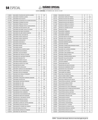  ESPECIAL
SALVADOR, SEXTA-FEIRA, 3 DE FEVEREIRO DE 2023 - ANO CVII - No
23.597
República Federativa do Brasil - Estado da Bahia
DIÁRIO OFICIAL
11196939 ANA MARIA TEIXEIRA DOS SANTOS SOARES 0 108
11305106 ANA MARIA TEIXEIRA OLIVEIRA 102 0
11241493 ANA MARIA TELES SOUTO 108 0
11231396 ANA MARIA TOLENTINO DE OLIVEIRA NOGUEIRA 0 108
11309129 ANA MARIA TOURINHO DA SILVA 0 105
11157655 ANA MARIA TRABUCO DA SILVA 0 108
11150079 ANA MARIA TRINDADE PINTO E ALBUQUERQUE 0 108
11119657 ANA MARIA VALENCA BATISTA LINS 0 56
11167751 ANA MARIA VALIENSE COELHO OLIVEIRA 0 97
11076306 ANA MARIA VAZ MAIA FIGUEIREDO 0 108
11156188 ANA MARIA VELAME DANTAS SANTOS 108 0
11369968 ANA MARIA VIDAL DOS SANTOS 48 0
11319360 ANA MARIA VIEIRA CONCEICAO 30 0
11351800 ANA MARIA VIEIRA CONCEICAO 19 29
11091706 ANA MARIA VIEIRA MATOS 0 30
11430169 ANA MARIA VIEIRA MELO 14 6
11069415 ANA MARIA VIEIRA SANTOS 108 0
11199237 ANA MARIA XAVIER 0 108
11167463 ANA MARIA XAVIER 0 105
11241743 ANA MARINHO DE CASTRO CONTE 51 57
11255267 ANA MARIZA SILVA DOURADO 80 28
11259181 ANA MARLI DA SILVA FRANCA 23 0
11168420 ANA MARTA DE FREITAS OLIVEIRA 0 108
11239222 ANA MARTA DE SANTANA FERREIRA 0 108
11130846 ANA MARTA MOURA PITA 0 108
11352880 ANA MARTA NUNES DA SILVA 48 0
11244032 ANA MARTA PRADO BARRETO 89 0
11395227 ANA MARTHA SANTOS DE SENA 40 0
11144542 ANA MARTINS DE ASSIS 105 3
11162214 ANA MARTINS GONCALVES 0 108
11165691 ANA MARY CARVALHO DO NASCIMENTO 0 108
11077095 ANA MARY DIAS DA COSTA ROCHA 15 0
11158417 ANA MARY ROCHA GUIMARAES 0 108
11148734 ANA MATOS DE ARAUJO FERREIRA 0 108
11160622 ANA MEIRE AZI SILVA 0 108
11354993 ANA MEIRE CERQUEIRA FERREIRA XINAIDRE 81 0
11142576 ANA MEIRE SOUZA SILVA 0 108
11388823 ANA MEIRISE SANTANA FERREIRA 46 0
11337053 ANA MENDES DE LIMA 0 11
11384165 ANA MENDES DE LIMA 56 0
11194295 ANA MENEZES BARRETO 0 108
11162612 ANA MERCIA MIRANDA LIMA 0 108
11259760 ANA MERICE DE OLIVEIRA ENEAS 108 0
11197088 ANA MESSIAS RIOS CARNEIRO 80 28
11113376 ANA MEYRE DA SILVA BOAVENTURA 0 108
11149292 ANA MEYRE SANTA RITA SANTANA 0 103
11348448 ANA MICHELLE PASTANA DE SOUZA 41 0
11405593 ANA MILENA DANTAS DA SILVA 18 24
11378639 ANA MILENA TEIXEIRA BORGES 13 0
11099537 ANA MIRA OLIVEIRA DE CASTRO ANDRADE 39 0
11101396 ANA MORAIS SOUZA DE ARAUJO 0 68
11169607 ANA MUDESTO SOARES DE ALMEIDA 0 108
11128214 ANA NAIR ARAUJO DA SILVA 108 0
11396513 ANA NAYARA CARVALHO A PEREIRA 23 0
11348798 ANA NEIDE DE LIMA FREITAS 27 0
11353804 ANA NEIDE DOS ANJOS 47 0
11204787 ANA NEIDE VIEIRA DE FRANCA 0 108
11351373 ANA NELIA ALVES DOS SANTOS 22 0
11374242 ANA NELIA ALVES DOS SANTOS 59 0
11374872 ANA NELIA ALVES DOS SANTOS 58 0
11417026 ANA NELIA CARVALHO DE MELO 0 28
11198547 ANA NELIA CARVALHO DE MELO 0 66
11252411 ANA NELIA LACERDA DA SILVA 0 108
11259165 ANA NELIA LAGO 0 108
11197164 ANA NERES CARNEIRO 0 108
11239034 ANA NERES CARNEIRO 108 0
11157997 ANA NERES MOREIRA 0 108
11101270 ANA NERI BATISTA DE ARAGAO 0 79
11007780 ANA NERI CRUZ OLIVEIRA 0 37
11195261 ANA NERI DA SILVA MATOS 0 108
11356620 ANA NERI MOREIRA SANTOS 45 0
11230932 ANA NERI SANTANA 0 108
11149169 ANA NERY CEDRAZ MASCARENHAS FROES 0 108
11147860 ANA NERY DAMASCENO 0 65
11109124 ANA NERY DE OLIVEIRA CATAPANO 108 0
11168686 ANA NERY LEITE COSTA 0 55
11351467 ANA NERY LIMA GEAMBASTIANI 45 0
11367204 ANA NERY MUNIZ DA SILVA 27 41
11242346 ANA NERY PEREIRA MORAES BRITO 0 108
11309799 ANA NERY SILVA DOS SANTOS 0 12
11108383 ANA NERY VITAL DOURADO 0 69
11197131 ANA NETA RIBEIRO 0 107
11245254 ANA NEUMA NOIA VITA 0 108
11237713 ANA NEUSA DOS REIS DE SOUSA 79 29
11200635 ANA NEUSA GUIMARAES PRATES 0 108
11144030 ANA NEVES FELIX DOS ANJOS 0 86
11256507 ANA NOGUEIRA GOMES 17 0
11129867 ANA NUNES DE ALMEIDA 0 108
11234874 ANA ODALIA VIEIRA SENA 0 68
11171168 ANA OLIVEIRA GOMES SOARES 108 0
11162616 ANA OLIVEIRA SILVA RAMOS 0 86
11408642 ANA PAOLA REBOUCAS DE SALES 12 22
11361618 ANA PATRICIA ALENCAR L SANTANA 29 0
11352759 ANA PATRICIA BRAGA PEDRA 47 0
11352849 ANA PATRICIA DA SILVA DIAS 31 0
11365475 ANA PATRICIA DE JESUS HAMBURGO 34 34
11374833 ANA PATRICIA DE OLIVEIRA GIFFONI DUARTE 14 44
11369216 ANA PATRICIA DIAS ALCANTARA 66 0
11385178 ANA PATRICIA DIAS ALCANTARA 50 0
11413033 ANA PATRICIA DOS SANTOS ROCHA 30 2
11405371 ANA PATRICIA FREITAS LIMA 28 9
11306900 ANA PATRICIA GIUDICE 101 0
11353028 ANA PATRICIA LAGO SILVA 26 0
11365081 ANA PATRICIA LAGO SILVA 15 54
11235269 ANA PATRICIA LIMA MOREIRA 108 0
11392629 ANA PATRICIA M L OLIVEIRA 13 0
11357820 ANA PATRICIA OLIVEIRA R SILVA 48 0
11342715 ANA PATRICIA PASCOAL QUEIROZ 83 0
11445250 ANA PATRICIA PEIXOTO SILVA 3 0
11393076 ANA PATRICIA ROCHA DE QUEIROZ 0 25
CÓPIA - Consulte informação oficial em www.dool.egba.ba.gov.br
 