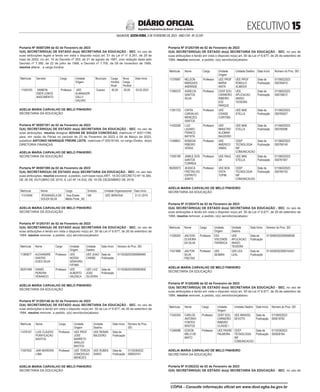 EXECUTIVO 
SALVADOR, SEXTA-FEIRA, 3 DE FEVEREIRO DE 2023 - ANO CVII - No
23.597
República Federativa do Brasil - Estado da Bahia
DIÁRIO OFICIAL
Portaria Nº 00587299 de 02 de Fevereiro de 2023
O(A) SECRETÁRIO(A) DE ESTADO do(a) SECRETARIA DA EDUCAÇÃO - SEC, no uso de
suas atribuições legais e tendo em vista o disposto no(a) art. 51 da Lei nº n° 8.261, de 29 de
maio de 2002, c/c art. 14 do Decreto nº 293, de 21 de agosto de 1991, com redação dada pelo
Decreto nº 7.380, de 22 de julho de 1998, e Decreto nº 7.700, de 09 de novembro de 1999,
resolve alterar, a carga horária:
Matrícula Servidor Cargo Unidade
Origem
Município Carga
Horária
Atual
Nova
Carga
Horária
Data Início
11540163 SIMMON
EBER LEMOS
NASCIMENTO
Professor UEE
ALMAKAZIR
GALLY
GALVAO
Coaraci 40,00 20,00 03.02.2023
ADELIA MARIA CARVALHO DE MELO PINHEIRO
SECRETARIA DA EDUCAÇÃO
<#E.G.B#755936#15#818373/>
<#E.G.B#755938#15#818376>
Portaria Nº 00587351 de 02 de Fevereiro de 2023
O(A) SECRETÁRIO(A) DE ESTADO do(a) SECRETARIA DA EDUCAÇÃO - SEC, no uso de
suas atribuições, resolve designar ADVAN DE SOUZA CONCEICAO, matrícula nº 92011789,
para, em razão de Férias no período de 23 de Fevereiro de 2023 a 09 de Março de 2023,
substituir ANTONIO HENRIQUE FREIRE LEITE, matrícula nº 92018149, no cargo Diretor, do(a)
DIRETORIA FINANÇAS.
ADELIA MARIA CARVALHO DE MELO PINHEIRO
SECRETARIA DA EDUCAÇÃO
<#E.G.B#755938#15#818376/>
<#E.G.B#755941#15#818378>
Portaria Nº 00587399 de 02 de Fevereiro de 2023
O(A) SECRETÁRIO(A) DE ESTADO do(a) SECRETARIA DA EDUCAÇÃO - SEC, no uso das
suas atribuições, resolve exonerar, a pedido, com base no(a) ART. 18 DO DECRETO Nº 16.385,
DE 26 DE OUTUBRO DE 2015, E LEI Nº 14.032, DE 18 DE DEZEMBRO DE 2018:
Matrícula Nome Cargo Símbolo Unidade Organizacional Data Início
11310548 ROSANGELA DE
SOUZA SILVA
Vice-Diretor
Médio Porte _N2
VM UEE IBIRATAIA 31.01.2019
ADELIA MARIA CARVALHO DE MELO PINHEIRO
SECRETARIA DA EDUCAÇÃO
<#E.G.B#755941#15#818378/>
<#E.G.B#755958#15#818396>
Portaria Nº 51283151 de 02 de Fevereiro de 2023
O(A) SECRETÁRIO(A) DE ESTADO do(a) SECRETARIA DA EDUCAÇÃO - SEC, no uso de
suas atribuições e tendo em vista o disposto no(a) art. 50 da Lei nº 6.677, de 26 de setembro de
1994, resolve remover, a pedido, o(s) servidor(es)abaixo:
Matrícula Nome Cargo Unidade
Origem
Unidade
Destino
Data Início Número do Proc. SEI
11385677 ALEXANDRE
DANTAS
GOES SILVA
Professor UEE
NOSSA
SENHORA
FATIMA
UEE JOAO
CARIBE
Data da
Publicação
01155362023000689465
85201468 DANIEL
PEREIRA
VENANCIO
Professor UEE
ALBERTO
VALENCA
UEE LUIZ
JOSE
OLIVEIRA
Data da
Publicação
01155362023000683858
ADELIA MARIA CARVALHO DE MELO PINHEIRO
SECRETARIA DA EDUCAÇÃO
<#E.G.B#755958#15#818396/>
<#E.G.B#755959#15#818397>
Portaria Nº 51283146 de 02 de Fevereiro de 2023
O(A) SECRETÁRIO(A) DE ESTADO do(a) SECRETARIA DA EDUCAÇÃO - SEC, no uso de
suas atribuições e tendo em vista o disposto no(a) art. 50 da Lei nº 6.677, de 26 de setembro de
1994, resolve remover, a pedido, o(s) servidor(es)abaixo:
Matrícula Nome Cargo Unidade
Origem
Unidade
Destino
Data Início Número do Proc.
SEI
11476107 LUIS CLAUDIO
PURIFICACAO
BASTOS
Professor UEE PROF
JOSE
BARRETO
ARAUJO
BASTOS
UEE RENAN
BALEEIRO
Data da
Publicação
11507932 JAIR MOREIRA
LIMA
Professor UEE TEREZA
CONCEICAO
MENEZES
UEE RUBEN
DARIO
Data da
Publicação
01155362022
009053741
ADELIA MARIA CARVALHO DE MELO PINHEIRO
SECRETARIA DA EDUCAÇÃO
<#E.G.B#755959#15#818397/>
<#E.G.B#755960#15#818398>
Portaria Nº 51283109 de 02 de Fevereiro de 2023
O(A) SECRETÁRIO(A) DE ESTADO do(a) SECRETARIA DA EDUCAÇÃO - SEC, no uso de
suas atribuições e tendo em vista o disposto no(a) art. 50 da Lei nº 6.677, de 26 de setembro de
1994, resolve remover, a pedido, o(s) servidor(es)abaixo:
Matrícula Nome Cargo Unidade
Origem
Unidade Destino Data Início Número do Proc. SEI
11376997 NELSON
MARQUES
ANDRADE
Professor UEE PROF
MARIA
ANITA
UEE PROF
ROMULO
ALMEIDA
Data da
Publicação
01156022023
000765410
11390375 AGRECIA
SANTOS
SILVA
Professor CENT EDU
CARNEIRO
RIBEIRO
ESC
PARQUE
UEE
APLICACAO
ANISIO
TEIXEIRA
Data da
Publicação
01156022023
000758472
11391723 CINTIA
CARVALHO
MENEZES
SANTOS
Professor UEE
CIDADE
CURITIBA
UEE MAE
STELLA
Data da
Publicação
01156022023
000760027
11432256 LUIZ
LAZARO
FRANCO
BATISTA
Professor UEE
MINISTRO
ALIOMAR
BALEEIRO
UEE MAE
STELLA
Data da
Publicação
01156022023
000765096
11458651 ROBSON
RIBEIRO
VERAS
Professor UEE
AMERICO
SIMAS
CEEP
TECNOLOGIA
INF
COMUNICACAO
Data da
Publicação
01156022023
000766149
11555199 JAMILE DOS
SANTOS
CORREIA
Professor UEE RAUL
SA
UEE MAE
STELLA
Data da
Publicação
01156022023
000761007
85200573 JESSICA
FREITAS DO
ESPIRITO
SANTO
Professor UEE BOA
VISTA
TUPIM
CEEP
TECNOLOGIA
INF
COMUNICACAO
Data da
Publicação
01156022023
000764103
ADELIA MARIA CARVALHO DE MELO PINHEIRO
SECRETARIA DA EDUCAÇÃO
<#E.G.B#755960#15#818398/>
<#E.G.B#755966#15#818404>
Portaria Nº 51282475 de 02 de Fevereiro de 2023
O(A) SECRETÁRIO(A) DE ESTADO do(a) SECRETARIA DA EDUCAÇÃO - SEC, no uso de
suas atribuições e tendo em vista o disposto no(a) art. 50 da Lei nº 6.677, de 26 de setembro de
1994, resolve remover, a pedido, o(s) servidor(es)abaixo:
Matrícula Nome Cargo Unidade
Origem
Unidade
Destino
Data Início Número do Proc. SEI
11326263 JAILSON
OLIVEIRA
DA SILVA
Professor ESC
VISCONDE
ITAPARICA
UEE
APLICACAO
ANISIO
TEIXEIRA
Data da
Publicação
01192842022009006008
11531898 JAILTON
SILVA
FREITAS
Professor UEE
SEABRA
UEE LEA
LEAL
Data da
Publicação
01155362023000163421
ADELIA MARIA CARVALHO DE MELO PINHEIRO
SECRETARIA DA EDUCAÇÃO
<#E.G.B#755966#15#818404/>
<#E.G.B#755967#15#818405>
Portaria Nº 51282456 de 02 de Fevereiro de 2023
O(A) SECRETÁRIO(A) DE ESTADO do(a) SECRETARIA DA EDUCAÇÃO - SEC, no uso de
suas atribuições e tendo em vista o disposto no(a) art. 50 da Lei nº 6.677, de 26 de setembro de
1994, resolve remover, a pedido, o(s) servidor(es)abaixo:
Matrícula Nome Cargo Unidade
Origem
Unidade Destino Data Início Número do Proc. SEI
11342304 CARLOS
ANTONIO
FONTES
BASTOS
Professor CENT EDU
CARNEIRO
RIBEIRO
CLASSE I
UEE MANOEL
DEVOTO
Data da
Publicação
01156022023
000619782
11349588 EDSON
MELO DE
BRITO
Professor UEE PADRE
PALMEIRA
CEEP
TECNOLOGIA
INF
COMUNICACAO
Data da
Publicação
01155362023
000628164
ADELIA MARIA CARVALHO DE MELO PINHEIRO
SECRETARIA DA EDUCAÇÃO
<#E.G.B#755967#15#818405/>
<#E.G.B#755968#15#818406>
Portaria Nº 51282232 de 02 de Fevereiro de 2023
O(A) SECRETÁRIO(A) DE ESTADO do(a) SECRETARIA DA EDUCAÇÃO - SEC, no uso de
CÓPIA - Consulte informação oficial em www.dool.egba.ba.gov.br
 