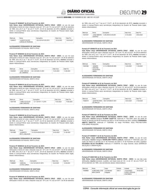 EXECUTIVO 
SALVADOR, SEXTA-FEIRA, 3 DE FEVEREIRO DE 2023 - ANO CVII - No
23.597
República Federativa do Brasil - Estado da Bahia
DIÁRIO OFICIAL
Portaria Nº 00586287 de 02 de Fevereiro de 2023
O(A) Reitor do(a) UNIVERSIDADE ESTADUAL SANTA CRUZ - UESC, no uso de suas
atribuições e tendo em vista o disposto no(a) art. 107 a art.110, da Lei 6.677, de 26 de setembro
de 1994, e/ou art.3° ao 7° da Lei nº 13.471, de 30 de dezembro de 2015, resolve conceder o
direito à Licença-Prêmio ao(s) servidor(es) integrante(s) do Quadro de Pessoal deste órgão,
abaixo relacionado(s):
Matrícula Nome Quinquênio Data Início Data Fim
73492672 LAURICIO ALVES
CARVALHO PEDROSA
20.03.2014/19.03.2019 23.03.2023 20.06.2023
ALESSANDRO FERNANDES DE SANTANA
UNIVERSIDADE ESTADUAL SANTA CRUZ
<#E.G.B#755918#29#818355/>
<#E.G.B#755919#29#818356>
Portaria Nº 00586303 de 02 de Fevereiro de 2023
O(A) Reitor do(a) UNIVERSIDADE ESTADUAL SANTA CRUZ - UESC, no uso de suas
atribuições e tendo em vista o disposto no(a) art. 107 a art.110, da Lei 6.677, de 26 de setembro
de 1994, e/ou art.3° ao 7° da Lei nº 13.471, de 30 de dezembro de 2015, resolve conceder o
direito à Licença-Prêmio ao(s) servidor(es) integrante(s) do Quadro de Pessoal deste órgão,
abaixo relacionado(s):
Matrícula Nome Quinquênio Data Início Data Fim
73530491 JOSE CARLOS
DE CAMARGO
06.12.2016/05.12.2021 15.03.2023 12.06.2023
ALESSANDRO FERNANDES DE SANTANA
UNIVERSIDADE ESTADUAL SANTA CRUZ
<#E.G.B#755919#29#818356/>
<#E.G.B#755920#29#818357>
Portaria Nº 00586318 de 02 de Fevereiro de 2023
O(A) Reitor do(a) UNIVERSIDADE ESTADUAL SANTA CRUZ - UESC, no uso de suas
atribuições e tendo em vista o disposto no(a) art. 107 a art.110, da Lei 6.677, de 26 de setembro
de 1994, e/ou art.3° ao 7° da Lei nº 13.471, de 30 de dezembro de 2015, resolve conceder o
direito à Licença-Prêmio ao(s) servidor(es) integrante(s) do Quadro de Pessoal deste órgão,
abaixo relacionado(s):
Matrícula Nome Quinquênio Data Início Data Fim
73531168 CAMILA DA SILVA
LIMA CARDOSO
12.11.2014/11.11.2019 13.03.2023 10.06.2023
ALESSANDRO FERNANDES DE SANTANA
UNIVERSIDADE ESTADUAL SANTA CRUZ
<#E.G.B#755920#29#818357/>
<#E.G.B#755921#29#818359>
Portaria Nº 00586320 de 02 de Fevereiro de 2023
O(A) Reitor do(a) UNIVERSIDADE ESTADUAL SANTA CRUZ - UESC, no uso de suas
atribuições e tendo em vista o disposto no(a) art. 107 a art.110, da Lei 6.677, de 26 de setembro
de 1994, e/ou art.3° ao 7° da Lei nº 13.471, de 30 de dezembro de 2015, resolve conceder o
direito à Licença-Prêmio ao(s) servidor(es) integrante(s) do Quadro de Pessoal deste órgão,
abaixo relacionado(s):
Matrícula Nome Quinquênio Data Início Data Fim
73410580 JAUBERTH
WEYLL ABIJAUDE
01.03.2014/28.02.2019 04.03.2023 01.06.2023
ALESSANDRO FERNANDES DE SANTANA
UNIVERSIDADE ESTADUAL SANTA CRUZ
<#E.G.B#755921#29#818359/>
<#E.G.B#755923#29#818360>
Portaria Nº 00586333 de 02 de Fevereiro de 2023
O(A) Reitor do(a) UNIVERSIDADE ESTADUAL SANTA CRUZ - UESC, no uso de suas
atribuições e tendo em vista o disposto no(a) art. 107 a art.110, da Lei 6.677, de 26 de setembro
de 1994, e/ou art.3° ao 7° da Lei nº 13.471, de 30 de dezembro de 2015, resolve conceder o
direito à Licença-Prêmio ao(s) servidor(es) integrante(s) do Quadro de Pessoal deste órgão,
abaixo relacionado(s):
Matrícula Nome Quinquênio Data Início Data Fim
72486857 MARCIAL
COTES JORGE
23.07.2014/22.07.2019 15.03.2023 12.06.2023
ALESSANDRO FERNANDES DE SANTANA
UNIVERSIDADE ESTADUAL SANTA CRUZ
<#E.G.B#755923#29#818360/>
<#E.G.B#755924#29#818361>
Portaria Nº 00586340 de 02 de Fevereiro de 2023
O(A) Reitor do(a) UNIVERSIDADE ESTADUAL SANTA CRUZ - UESC, no uso de suas
atribuições e tendo em vista o disposto no(a) art. 107 a art.110, da Lei 6.677, de 26 de setembro
de 1994, e/ou art.3° ao 7° da Lei nº 13.471, de 30 de dezembro de 2015, resolve conceder o
direito à Licença-Prêmio ao(s) servidor(es) integrante(s) do Quadro de Pessoal deste órgão,
abaixo relacionado(s):
Matrícula Nome Quinquênio Data Início Data Fim
73275757 JOSE RIBEIRO
QUEIROZ
13.09.2016/12.09.2021 01.03.2023 29.05.2023
ALESSANDRO FERNANDES DE SANTANA
UNIVERSIDADE ESTADUAL SANTA CRUZ
<#E.G.B#755924#29#818361/>
<#E.G.B#755928#29#818366>
Portaria Nº 00586376 de 02 de Fevereiro de 2023
O(A) Reitor do(a) UNIVERSIDADE ESTADUAL SANTA CRUZ - UESC, no uso de suas
atribuições e tendo em vista o disposto no(a) art. 107 a art.110, da Lei 6.677, de 26 de setembro
de 1994, e/ou art.3° ao 7° da Lei nº 13.471, de 30 de dezembro de 2015, resolve conceder o
direito à Licença-Prêmio ao(s) servidor(es) integrante(s) do Quadro de Pessoal deste órgão,
abaixo relacionado(s):
Matrícula Nome Quinquênio Data Início Data Fim
73281956 SANDRA
CRISTINA
SOUZA REIS
ABREU
01.10.1995/30.09.2000 14.03.2023 11.06.2023
ALESSANDRO FERNANDES DE SANTANA
UNIVERSIDADE ESTADUAL SANTA CRUZ
<#E.G.B#755928#29#818366/>
<#E.G.B#755930#29#818367>
Portaria Nº 00586390 de 02 de Fevereiro de 2023
O(A) Reitor do(a) UNIVERSIDADE ESTADUAL SANTA CRUZ - UESC, no uso de suas
atribuições e tendo em vista o disposto no(a) art. 107 a art.110, da Lei 6.677, de 26 de setembro
de 1994, e/ou art.3° ao 7° da Lei nº 13.471, de 30 de dezembro de 2015, resolve conceder o
direito à Licença-Prêmio ao(s) servidor(es) integrante(s) do Quadro de Pessoal deste órgão,
abaixo relacionado(s):
Matrícula Nome Quinquênio Data Início Data Fim
73282018 QUINTINO REIS
DE ARAUJO
09.07.2016/08.07.2021 24.03.2023 21.06.2023
ALESSANDRO FERNANDES DE SANTANA
UNIVERSIDADE ESTADUAL SANTA CRUZ
<#E.G.B#755930#29#818367/>
<#E.G.B#755931#29#818369>
Portaria Nº 00587221 de 02 de Fevereiro de 2023
O(A) Reitor do(a) UNIVERSIDADE ESTADUAL SANTA CRUZ - UESC, no uso de suas
atribuições, resolve designar ELIANA CAZETTA, matrícula nº 73517840, para, em razão de
Férias no período de 06 de Fevereiro de 2023 a 15 de Fevereiro de 2023, substituir FERNANDA
AMATO GAIOTTO, matrícula nº 73383566, no cargo Pró-Reitor, do(a) PRÓ-REITORIA
PÓS-GRAD PESQUISA.
ALESSANDRO FERNANDES DE SANTANA
UNIVERSIDADE ESTADUAL SANTA CRUZ
<#E.G.B#755931#29#818369/>
<#E.G.B#755937#29#818374>
Portaria Nº 00586517 de 02 de Fevereiro de 2023
O(A) Reitor do(a) UNIVERSIDADE ESTADUAL SANTA CRUZ - UESC, no uso de suas
atribuições, resolve designar SHARLENE PORTO LOIOLA, matrícula nº 73547245, para, em
razão de Férias no período de 01 de Fevereiro de 2023 a 10 de Fevereiro de 2023, substituir
EDUARDO SILVA PALMEIRA, matrícula nº 73438704, no cargo Gerente, do(a) GERÊNCIA
SELEÇÃO E ORIENTAÇÃO.
ALESSANDRO FERNANDES DE SANTANA
UNIVERSIDADE ESTADUAL SANTA CRUZ
<#E.G.B#755937#29#818374/>
<#E.G.B#755943#29#818380>
Portaria Nº 00587409 de 02 de Fevereiro de 2023
O(A) Reitor do(a) UNIVERSIDADE ESTADUAL SANTA CRUZ - UESC, no uso das suas
atribuições, resolve exonerar, a pedido, com base no(a) art. 44, I, e art. 47, da Lei nº 6.677, de
26 de setembro de 1994, o(s) servidor(es) abaixo relacionado(s):
Matrícula Nome Cargo Símbolo Unidade Data Início
73408806 ALMECIANO JOSE
MAIA JUNIOR
Coordenador
Colegiado
DAS-3 COLEGIADO
CURSO CIÊNCIAS
CONTÁBEIS
04.02.2023
ALESSANDRO FERNANDES DE SANTANA
UNIVERSIDADE ESTADUAL SANTA CRUZ
<#E.G.B#755943#29#818380/>
CÓPIA - Consulte informação oficial em www.dool.egba.ba.gov.br
 