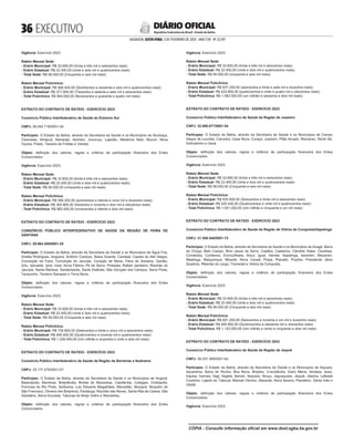  EXECUTIVO
SALVADOR, SEXTA-FEIRA, 3 DE FEVEREIRO DE 2023 - ANO CVII - No
23.597
República Federativa do Brasil - Estado da Bahia
DIÁRIO OFICIAL
Vigência: Exercício 2023
Rateio Mensal Sede:
- Erário Municipal: R$ 33.600,00 (trinta e três mil e seiscentos reais)
- Erário Estadual: R$ 22.400,00 (vinte e dois mil e quatrocentos reais)
- Total Sede: R$ 56.000,00 (Cinquenta e seis mil reais)
Rateio Mensal Policlínica:
- Erário Municipal: R$ 566.400,00 (Quinhentos e sessenta e seis mil e quatrocentos reais)
- Erário Estadual: R$ 377.600,00 (Trezentos e setenta e sete mil e seiscentos reais)
- Total Policlínica: R$ 944.000,00 (Novecentos e quarenta e quatro mil reais)
<#E.G.B#755752#36#818177/>
<#E.G.B#755754#36#818179>
EXTRATO DO CONTRATO DE RATEIO - EXERCÍCIO 2023
Consórcio Público Interfederativo de Saúde do Extremo Sul
CNPJ: 26.042.718/0001-34.
Partícipes: O Estado da Bahia, através da Secretaria da Saúde e os Municípios de Alcobaça,
Caravelas, Ibirapuã, Itamarajú, Itanhém, Jucuruçu, Lajedão, Medeiros Neto, Mucuri, Nova
Viçosa, Prado, Teixeira de Freitas e Vereda.
Objeto: definição dos valores, regras e critérios de participação financeira dos Entes
Consorciados.
Vigência: Exercício 2023.
Rateio Mensal Sede:
- Erário Municipal: R$ 33.600,00 (trinta e três mil e seiscentos reais).
- Erário Estadual: R$ 22.400,00 (vinte e dois mil e quatrocentos reais).
- Total Sede: R$ 56.000,00 (cinquenta e seis mil reais).
Rateio Mensal Policlínica:
- Erário Municipal: R$ 589.200,00 (quinhentos e oitenta e nove mil e duzentos reais).
- Erário Estadual: R$ 392.800,00 (trezentos e noventa e dois mil e oitocentos reais).
- Total Policlínica: R$ 982.000,00 (novecentos e oitenta e dois mil reais).
<#E.G.B#755754#36#818179/>
<#E.G.B#755755#36#818180>
EXTRATO DO CONTRATO DE RATEIO - EXERCÍCIO 2023
CONSÓRCIO PÚBLICO INTERFEDERATIVO DE SAÚDE DA REGIÃO DE FEIRA DE
SANTANA
CNPJ: 29.664.289/0001-25
Partícipes: O Estado da Bahia, através da Secretaria da Saúde e os Municípios de Água Fria,
Amélia Rodrigues, Anguera, Antônio Cardoso, Baixa Grande, Candeal, Capela do Alto Alegre,
Conceição da Feira, Conceição do Jacuípe, Coração de Maria, Feira de Santana, Gavião,
Ichu, Ipecaetá, Ipirá, Irará, Nova Fátima, Pé de Serra, Pintadas, Rafael Jambeiro, Riachão do
Jacuípe, Santa Bárbara, Santanópolis, Santo Estêvão, São Gonçalo dos Campos, Serra Preta,
Tanquinho, Teodoro Sampaio e Terra Nova.
Objeto: definição dos valores, regras e critérios de participação financeira dos Entes
Consorciados.
Vigência: Exercício 2023.
Rateio Mensal Sede:
- Erário Municipal: R$ 33.600,00 (trinta e três mil e seiscentos reais)
- Erário Estadual: R$ 22.400,00 (vinte e dois mil e quatrocentos reais)
- Total Sede: R$ 56.000,00 (Cinquenta e seis mil reais)
Rateio Mensal Policlínica:
- Erário Municipal: R$ 735.600,00 (Setecentos e trinta e cinco mil e seiscentos reais)
- Erário Estadual: R$ 490.400,00 (Quatrocentos e noventa mil e quatrocentos reais)
- Total Policlínica: R$ 1.226.000,00 (Um milhão e duzentos e vinte e seis mil reais)
<#E.G.B#755755#36#818180/>
<#E.G.B#755764#36#818189>
EXTRATO DO CONTRATO DE RATEIO - EXERCÍCIO 2023
Consórcio Público Interfederativo de Saúde da Região de Barreiras e Ibotirama
CNPJ: 33.177.475/0001-07.
Partícipes: O Estado da Bahia, através da Secretaria da Saúde e os Municípios de Angical,
Baianópolis, Barreiras, Brejolândia, Brotas de Macaúbas, Catolândia, Cotegipe, Cristópolis,
Formosa do Rio Preto, Ibotirama, Luiz Eduardo Magalhães, Mansidão, Morpará, Muquém do
São Francisco, Oliveira dos Brejinhos, Paratinga, Riachão das Neves, Santa Rita de Cássia, São
Desidério, Serra Dourada, Tabocas do Brejo Velho e Wanderley.
Objeto: definição dos valores, regras e critérios de participação financeira dos Entes
Consorciados.
Vigência: Exercício 2023.
Rateio Mensal Sede:
- Erário Municipal: R$ 33.600,00 (trinta e três mil e seiscentos reais).
- Erário Estadual: R$ 22.400,00 (vinte e dois mil e quatrocentos reais).
- Total Sede: R$ 56.000,00 (cinquenta e seis mil reais).
Rateio Mensal Policlínica:
- Erário Municipal: R$ 637.200,00 (seiscentos e trinta e sete mil e duzentos reais).
- Erário Estadual: R$ 424.800,00 (quatrocentos e vinte e quatro mil e oitocentos reais).
- Total Policlínica: R$ 1.062.000,00 (um milhão e sessenta e dois mil reais).
<#E.G.B#755764#36#818189/>
<#E.G.B#755769#36#818194>
EXTRATO DO CONTRATO DE RATEIO - EXERCÍCIO 2023
Consórcio Público Interfederativo de Saúde da Região de Juazeiro
CNPJ: 32.090.677/0001-54
Partícipes: O Estado da Bahia, através da Secretaria da Saúde e os Municípios de Campo
Alegre de Lourdes, Canudos, Casa Nova, Curaçá, Juazeiro, Pilão Arcado, Remanso, Sento Sé,
Sobradinho e Uauá.
Objeto: definição dos valores, regras e critérios de participação financeira dos Entes
Consorciados.
Vigência: Exercício 2023
Rateio Mensal Sede:
- Erário Municipal: R$ 33.600,00 (trinta e três mil e seiscentos reais)
- Erário Estadual: R$ 22.400,00 (vinte e dois mil e quatrocentos reais)
- Total Sede: R$ 56.000,00 (Cinquenta e seis mil reais)
Rateio Mensal Policlínica:
- Erário Municipal: R$ 630.600,00 (Seiscentos e trinta mil e seiscentos reais)
- Erário Estadual: R$ 420.400,00 (Quatrocentos e vinte mil e quatrocentos reais)
- Total Policlínica: R$ 1.051.000,00 (Um milhão e cinquenta e um mil reais)
<#E.G.B#755769#36#818194/>
<#E.G.B#755820#36#818250>
EXTRATO DO CONTRATO DE RATEIO - EXERCÍCIO 2023
Consórcio Público Interfederativo de Saúde da Região de Vitória da Conquista/Itapetinga
CNPJ: 31.550.540/0001-72
Partícipes: O Estado da Bahia, através da Secretaria da Saúde e os Municípios de Anagé, Barra
do Choça, Belo Campo, Bom Jesus da Serra, Caatiba, Caetanos, Cândido Sales, Caraíbas,
Condeúba, Cordeiros, Encruzilhada, Ibicuí, Iguaí, Itambé, Itapetinga, Itarantim, Macarani,
Maetinga, Maiquinique, Mirante, Nova Canaã, Piripá, Planalto, Poções, Presidente Jânio
Quadros, Ribeirão do Largo, Tremedal e Vitória da Conquista.
Objeto: definição dos valores, regras e critérios de participação financeira dos Entes
Consorciados.
Vigência: Exercício 2023
Rateio Mensal Sede:
- Erário Municipal: R$ 33.600,00 (trinta e três mil e seiscentos reais)
- Erário Estadual: R$ 22.400,00 (vinte e dois mil e quatrocentos reais)
- Total Sede: R$ 56.000,00 (Cinquenta e seis mil reais)
Rateio Mensal Policlínica:
- Erário Municipal: R$ 691.200,00 (Seiscentos e noventa e um mil e duzentos reais)
- Erário Estadual: R$ 460.800,00 (Quatrocentos e sessenta mil e oitocentos reais)
- Total Policlínica: R$ 1.152.000,00 (Um milhão e cento e cinquenta e dois mil reais)
<#E.G.B#755820#36#818250/>
<#E.G.B#755851#36#818282>
EXTRATO DO CONTRATO DE RATEIO - EXERCÍCIO 2023
Consórcio Público Interfederativo de Saúde da Região de Jequié
CNPJ: 26.037.369/0001-62.
Partícipes: O Estado da Bahia, através da Secretaria da Saúde e os Municípios de Aiquara,
Apuarema, Barra do Rocha, Boa Nova, Brejões, Cravolândia, Dario Meira, Ibirataia, Ipiaú,
Irajuba, Iramaia, Itagi, Itagibá, Itamari, Itaquara, Itiruçu, Jaguaquara, Jequié, Jitaúna, Lafaiete
Coutinho, Lajedo do Tabocal, Manoel Vitorino, Maracás, Nova Itarana, Planaltino, Santa Inês e
Ubatã.
Objeto: definição dos valores, regras e critérios de participação financeira dos Entes
Consorciados.
Vigência: Exercício 2023.
CÓPIA - Consulte informação oficial em www.dool.egba.ba.gov.br
 