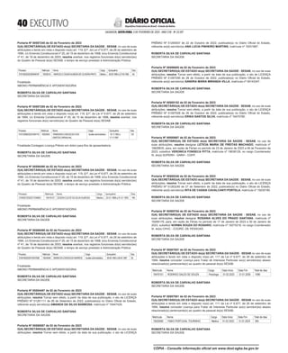  EXECUTIVO
SALVADOR, SEXTA-FEIRA, 3 DE FEVEREIRO DE 2023 - ANO CVII - No
23.597
República Federativa do Brasil - Estado da Bahia
DIÁRIO OFICIAL
Portaria Nº 00587245 de 02 de Fevereiro de 2023
O(A) SECRETÁRIO(A) DE ESTADO do(a) SECRETARIA DA SAÚDE - SESAB, no uso de suas
atribuições e tendo em vista o disposto no(a) art. 119, §1º, da Lei nº 6.677, de 26 de setembro de
1994, c/c Emenda Constitucional nº 20, de 15 de dezembro de 1998, e/ou Emenda Constitucional
nº 41, de 19 de dezembro de 2003, resolve averbar, nos registros funcionais do(s) servidor(es)
do Quadro de Pessoal do(a) SESAB, o tempo de serviço prestado à Administração Pública:
Processo Matrícula Nome Cargo Quinquênio Dias
01915922202300048187 19230515 MARCELOCESARALMEIDADEOLIVEIRAPINTO Médico 28.09.1990a27.09.1995 60
Finalidade:
ABONO PERMANÊNCIA E APOSENTADORIA
ROBERTA SILVA DE CARVALHO SANTANA
SECRETARIA DA SAÚDE
<#E.G.B#756013#40#818451/>
<#E.G.B#756014#40#818452>
Portaria Nº 00587285 de 02 de Fevereiro de 2023
O(A) SECRETÁRIO(A) DE ESTADO do(a) SECRETARIA DA SAÚDE - SESAB, no uso de suas
atribuições e tendo em vista o disposto no(a) art. 119, §1º, da Lei nº 6.677, de 26 de setembro
de 1994, c/c Emenda Constitucional nº 20, de 15 de dezembro de 1998, resolve averbar, nos
registros funcionais do(s) servidor(es) do Quadro de Pessoal do(a) SESAB:
Processo Matrícula Nome Cargo Quinquênio Dias
01913298202201849119 19253045 RAIMUNDACONCEICAODOS
SANTOSCARVALHAL
Auxiliaradministrativo 18.11.1992a
17.11.1997
120
Finalidade:Contagem Licença Prêmio em dobro para fins de aposentadoria
ROBERTA SILVA DE CARVALHO SANTANA
SECRETARIA DA SAÚDE
<#E.G.B#756014#40#818452/>
<#E.G.B#756018#40#818456>
Portaria Nº 00586490 de 02 de Fevereiro de 2023
O(A) SECRETÁRIO(A) DE ESTADO do(a) SECRETARIA DA SAÚDE - SESAB, no uso de suas
atribuições e tendo em vista o disposto no(a) art. 119, §1º, da Lei nº 6.677, de 26 de setembro de
1994, c/c Emenda Constitucional nº 20, de 15 de dezembro de 1998, e/ou Emenda Constitucional
nº 41, de 19 de dezembro de 2003, resolve averbar, nos registros funcionais do(s) servidor(es)
do Quadro de Pessoal do(a) SESAB, o tempo de serviço prestado à Administração Pública:
Processo Matrícula Nome Cargo Quinquênio Dias
01902072022017546601 19218127 EDSON CLEVE DA SILVAALMEIDA Médico 02.01.1988 a 01.01.1993 180
Finalidade:
ABONO PERMANÊNCIA E APOSENTADORIA
ROBERTA SILVA DE CARVALHO SANTANA
SECRETARIA DA SAÚDE
<#E.G.B#756018#40#818456/>
<#E.G.B#756019#40#818457>
Portaria Nº 00586499 de 02 de Fevereiro de 2023
O(A) SECRETÁRIO(A) DE ESTADO do(a) SECRETARIA DA SAÚDE - SESAB, no uso de suas
atribuições e tendo em vista o disposto no(a) art. 119, §1º, da Lei nº 6.677, de 26 de setembro de
1994, c/c Emenda Constitucional nº 20, de 15 de dezembro de 1998, e/ou Emenda Constitucional
nº 41, de 19 de dezembro de 2003, resolve averbar, nos registros funcionais do(s) servidor(es)
do Quadro de Pessoal do(a) SESAB, o tempo de serviço prestado à Administração Pública:
Processo Matrícula Nome Cargo Quinquênio Dias
01901602022019437568 19244494 MARIADACONCEICAOBARROS Auxiliaradministrativo 09.04.1992a08.04.1997 60
Finalidade:
ABONO PERMANÊNCIA E APOSENTADORIA
ROBERTA SILVA DE CARVALHO SANTANA
SECRETARIA DA SAÚDE
<#E.G.B#756019#40#818457/>
<#E.G.B#756020#40#818458>
Portaria Nº 00584497 de 02 de Fevereiro de 2023
O(A) SECRETÁRIO(A) DE ESTADO do(a) SECRETARIA DA SAÚDE - SESAB, no uso de suas
atribuições, resolve Tornar sem efeito, a partir da data de sua publicação, o ato de LICENÇA
PRÊMIO Nº 51261111 de 06 de Setembro de 2022, publicado(a) no Diário Oficial do Estado,
referente ao(à) servidor(a) AMANDA DA SILVA BARBOSA, matrícula nº 19447435.
ROBERTA SILVA DE CARVALHO SANTANA
SECRETARIA DA SAÚDE
<#E.G.B#756020#40#818458/>
<#E.G.B#756023#40#818461>
Portaria Nº 00586587 de 02 de Fevereiro de 2023
O(A) SECRETÁRIO(A) DE ESTADO do(a) SECRETARIA DA SAÚDE - SESAB, no uso de suas
atribuições, resolve Tornar sem efeito, a partir da data de sua publicação, o ato de LICENÇA
PRÊMIO Nº 51265937 de 22 de Outubro de 2022, publicado(a) no Diário Oficial do Estado,
referente ao(à) servidor(a) ANA LUCIA PINHEIRO MARTINS, matrícula nº 19251887.
ROBERTA SILVA DE CARVALHO SANTANA
SECRETARIA DA SAÚDE
<#E.G.B#756023#40#818461/>
<#E.G.B#756026#40#818464>
Portaria Nº 00586605 de 02 de Fevereiro de 2023
O(A) SECRETÁRIO(A) DE ESTADO do(a) SECRETARIA DA SAÚDE - SESAB, no uso de suas
atribuições, resolve Tornar sem efeito, a partir da data de sua publicação, o ato de LICENÇA
PRÊMIO Nº 51267295 de 26 de Outubro de 2022, publicado(a) no Diário Oficial do Estado,
referente ao(à) servidor(a) SANDRA MARIA MIRANDA VILLA, matrícula nº 59143347.
ROBERTA SILVA DE CARVALHO SANTANA
SECRETARIA DA SAÚDE
<#E.G.B#756026#40#818464/>
<#E.G.B#756040#40#818478>
Portaria Nº 00585152 de 02 de Fevereiro de 2023
O(A) SECRETÁRIO(A) DE ESTADO do(a) SECRETARIA DA SAÚDE - SESAB, no uso de suas
atribuições, resolve Tornar sem efeito, a partir da data de sua publicação, o ato de LICENÇA
PRÊMIO Nº 51267028 de 26 de Outubro de 2022, publicado(a) no Diário Oficial do Estado,
referente ao(à) servidor(a) ERIKA SANTOS SILVA, matrícula nº 19470780.
ROBERTA SILVA DE CARVALHO SANTANA
SECRETARIA DA SAÚDE
<#E.G.B#756040#40#818478/>
<#E.G.B#756046#40#818484>
Portaria Nº 00585687 de 02 de Fevereiro de 2023
O(A) SECRETÁRIO(A) DE ESTADO do(a) SECRETARIA DA SAÚDE - SESAB, no uso de
suas atribuições, resolve designar LETICIA MARIA DE FREITAS MACHADO, matrícula nº
19628635, para, em razão de Férias no período de 23 de Janeiro de 2023 a 06 de Fevereiro de
2023, substituir VERONICA FONSECA PITTA, matrícula nº 19638129, no cargo Coordenador
III, do(a) SUPERH - DARH - CGFP.
ROBERTA SILVA DE CARVALHO SANTANA
SECRETARIA DA SAÚDE
<#E.G.B#756046#40#818484/>
<#E.G.B#756049#40#818487>
Portaria Nº 00585248 de 02 de Fevereiro de 2023
O(A) SECRETÁRIO(A) DE ESTADO do(a) SECRETARIA DA SAÚDE - SESAB, no uso de suas
atribuições, resolve Tornar sem efeito, a partir da data de sua publicação, o ato de LICENÇA
PRÊMIO Nº 51263240 de 27 de Setembro de 2022, publicado(a) no Diário Oficial do Estado,
referente ao(à) servidor(a) RITA DE CASSIA CAVALCANTI PORTELA, matrícula nº 19230190.
ROBERTA SILVA DE CARVALHO SANTANA
SECRETARIA DA SAÚDE
<#E.G.B#756049#40#818487/>
<#E.G.B#756052#40#818490>
Portaria Nº 00585704 de 02 de Fevereiro de 2023
O(A) SECRETÁRIO(A) DE ESTADO do(a) SECRETARIA DA SAÚDE - SESAB, no uso de
suas atribuições, resolve designar ROSANIA ALVES DO PRADO SANTANA, matrícula nº
19269178, para, em razão de Férias no período de 17 de Janeiro de 2023 a 30 de Janeiro de
2023, substituir NORMA SOUZA DO ROSARIO, matrícula nº 19275218, no cargo Coordenador
III, do(a) CHVC - COORD. DE PESSOAS.
ROBERTA SILVA DE CARVALHO SANTANA
SECRETARIA DA SAÚDE
<#E.G.B#756052#40#818490/>
<#E.G.B#756057#40#818495>
Portaria Nº 00587057 de 02 de Fevereiro de 2023
O(A) SECRETÁRIO(A) DE ESTADO do(a) SECRETARIA DA SAÚDE - SESAB no uso de suas
atribuições e tendo em vista o disposto no(a) art. 111 da Lei nº 6.677, de 26 de setembro de
1994, resolve conceder Licença para Tratar de Interesse Particular ao(s) servidor(es) abaixo
relacionado(s) pertencente(s) ao quadro de pessoal do(a) SESAB.
Matrícula Nome Cargo Data Início Data Fim Total de dias
19470101 RODRIGO SALES DE SOUZA Psicólogo 01.02.2023 31.01.2026 1096
ROBERTA SILVA DE CARVALHO SANTANA
SECRETARIA DA SAÚDE
<#E.G.B#756057#40#818495/>
<#E.G.B#756058#40#818496>
Portaria Nº 00587061 de 02 de Fevereiro de 2023
O(A) SECRETÁRIO(A) DE ESTADO do(a) SECRETARIA DA SAÚDE - SESAB no uso de suas
atribuições e tendo em vista o disposto no(a) art. 111 da Lei nº 6.677, de 26 de setembro de
1994, resolve conceder Licença para Tratar de Interesse Particular ao(s) servidor(es) abaixo
relacionado(s) pertencente(s) ao quadro de pessoal do(a) SESAB.
Matrícula Nome Cargo Data Início Data Fim Total de dias
19529260 FABIO PORTUGAL TOURINHO Médico 01.02.2023 31.01.2024 365
ROBERTA SILVA DE CARVALHO SANTANA
SECRETARIA DA SAÚDE
<#E.G.B#756058#40#818496/>
<#E.G.B#756059#40#818497>
CÓPIA - Consulte informação oficial em www.dool.egba.ba.gov.br
 