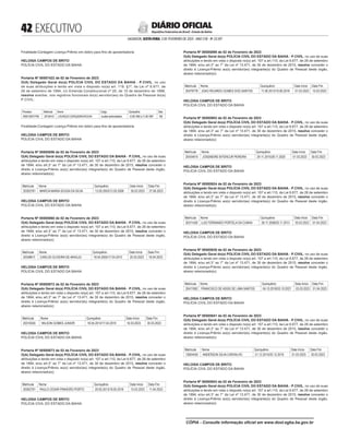  EXECUTIVO
SALVADOR, SEXTA-FEIRA, 3 DE FEVEREIRO DE 2023 - ANO CVII - No
23.597
República Federativa do Brasil - Estado da Bahia
DIÁRIO OFICIAL
Finalidade:Contagem Licença Prêmio em dobro para fins de aposentadoria
HELOISA CAMPOS DE BRITO
POLÍCIA CIVIL DO ESTADO DA BAHIA
<#E.G.B#755944#42#818381/>
<#E.G.B#755945#42#818383>
Portaria Nº 00587422 de 02 de Fevereiro de 2023
O(A) Delegado Geral do(a) POLÍCIA CIVIL DO ESTADO DA BAHIA - P.CIVIL, no uso
de suas atribuições e tendo em vista o disposto no(a) art. 119, §1º, da Lei nº 6.677, de
26 de setembro de 1994, c/c Emenda Constitucional nº 20, de 15 de dezembro de 1998,
resolve averbar, nos registros funcionais do(s) servidor(es) do Quadro de Pessoal do(a)
P.CIVIL:
Processo Matrícula Nome Cargo Quinquênio Dias
0505130077794 20154415 LOURILDOCERQUEIRAROCHA Auxiliaradministrativo 12.08.1992a11.08.1997 180
Finalidade:Contagem Licença Prêmio em dobro para fins de aposentadoria
HELOISA CAMPOS DE BRITO
POLÍCIA CIVIL DO ESTADO DA BAHIA
<#E.G.B#755945#42#818383/>
<#E.G.B#755972#42#818410>
Portaria Nº 00585856 de 02 de Fevereiro de 2023
O(A) Delegado Geral do(a) POLÍCIA CIVIL DO ESTADO DA BAHIA - P.CIVIL, no uso de suas
atribuições e tendo em vista o disposto no(a) art. 107 a art.110, da Lei 6.677, de 26 de setembro
de 1994, e/ou art.3° ao 7° da Lei nº 13.471, de 30 de dezembro de 2015, resolve conceder o
direito à Licença-Prêmio ao(s) servidor(es) integrante(s) do Quadro de Pessoal deste órgão,
abaixo relacionado(s):
Matrícula Nome Quinquênio Data Início Data Fim
20302781 MARCIA MARIA SOUSA DA SILVA 13.05.2003/12.05.2008 30.03.2023 27.06.2023
HELOISA CAMPOS DE BRITO
POLÍCIA CIVIL DO ESTADO DA BAHIA
<#E.G.B#755972#42#818410/>
<#E.G.B#755973#42#818411>
Portaria Nº 00585860 de 02 de Fevereiro de 2023
O(A) Delegado Geral do(a) POLÍCIA CIVIL DO ESTADO DA BAHIA - P.CIVIL, no uso de suas
atribuições e tendo em vista o disposto no(a) art. 107 a art.110, da Lei 6.677, de 26 de setembro
de 1994, e/ou art.3° ao 7° da Lei nº 13.471, de 30 de dezembro de 2015, resolve conceder o
direito à Licença-Prêmio ao(s) servidor(es) integrante(s) do Quadro de Pessoal deste órgão,
abaixo relacionado(s):
Matrícula Nome Quinquênio Data Início Data Fim
20348611 CARLOS OLIVEIRA DE ARAUJO 18.04.2005/17.04.2010 20.03.2023 18.04.2023
HELOISA CAMPOS DE BRITO
POLÍCIA CIVIL DO ESTADO DA BAHIA
<#E.G.B#755973#42#818411/>
<#E.G.B#755974#42#818412>
Portaria Nº 00585872 de 02 de Fevereiro de 2023
O(A) Delegado Geral do(a) POLÍCIA CIVIL DO ESTADO DA BAHIA - P.CIVIL, no uso de suas
atribuições e tendo em vista o disposto no(a) art. 107 a art.110, da Lei 6.677, de 26 de setembro
de 1994, e/ou art.3° ao 7° da Lei nº 13.471, de 30 de dezembro de 2015, resolve conceder o
direito à Licença-Prêmio ao(s) servidor(es) integrante(s) do Quadro de Pessoal deste órgão,
abaixo relacionado(s):
Matrícula Nome Quinquênio Data Início Data Fim
20310555 WILSON GOMES JUNIOR 18.04.2014/17.04.2019 16.03.2023 30.03.2023
HELOISA CAMPOS DE BRITO
POLÍCIA CIVIL DO ESTADO DA BAHIA
<#E.G.B#755974#42#818412/>
<#E.G.B#755975#42#818413>
Portaria Nº 00585873 de 02 de Fevereiro de 2023
O(A) Delegado Geral do(a) POLÍCIA CIVIL DO ESTADO DA BAHIA - P.CIVIL, no uso de suas
atribuições e tendo em vista o disposto no(a) art. 107 a art.110, da Lei 6.677, de 26 de setembro
de 1994, e/ou art.3° ao 7° da Lei nº 13.471, de 30 de dezembro de 2015, resolve conceder o
direito à Licença-Prêmio ao(s) servidor(es) integrante(s) do Quadro de Pessoal deste órgão,
abaixo relacionado(s):
Matrícula Nome Quinquênio Data Início Data Fim
20302791 PAULO CESAR PINHEIRO PORTO 20.05.2013/19.05.2018 13.03.2023 11.04.2023
HELOISA CAMPOS DE BRITO
POLÍCIA CIVIL DO ESTADO DA BAHIA
<#E.G.B#755975#42#818413/>
<#E.G.B#755976#42#818414>
Portaria Nº 00585898 de 02 de Fevereiro de 2023
O(A) Delegado Geral do(a) POLÍCIA CIVIL DO ESTADO DA BAHIA - P.CIVIL, no uso de suas
atribuições e tendo em vista o disposto no(a) art. 107 a art.110, da Lei 6.677, de 26 de setembro
de 1994, e/ou art.3° ao 7° da Lei nº 13.471, de 30 de dezembro de 2015, resolve conceder o
direito à Licença-Prêmio ao(s) servidor(es) integrante(s) do Quadro de Pessoal deste órgão,
abaixo relacionado(s):
Matrícula Nome Quinquênio Data Início Data Fim
20479778 JOAO RICARDO GOMES DOS SANTOS 11.06.2013/10.06.2018 01.03.2023 15.03.2023
HELOISA CAMPOS DE BRITO
POLÍCIA CIVIL DO ESTADO DA BAHIA
<#E.G.B#755976#42#818414/>
<#E.G.B#755977#42#818415>
Portaria Nº 00585903 de 02 de Fevereiro de 2023
O(A) Delegado Geral do(a) POLÍCIA CIVIL DO ESTADO DA BAHIA - P.CIVIL, no uso de suas
atribuições e tendo em vista o disposto no(a) art. 107 a art.110, da Lei 6.677, de 26 de setembro
de 1994, e/ou art.3° ao 7° da Lei nº 13.471, de 30 de dezembro de 2015, resolve conceder o
direito à Licença-Prêmio ao(s) servidor(es) integrante(s) do Quadro de Pessoal deste órgão,
abaixo relacionado(s):
Matrícula Nome Quinquênio Data Início Data Fim
20434915 JOSEMEIRE BITENCUR PEREIRA 29.11.2015/28.11.2020 01.03.2023 30.03.2023
HELOISA CAMPOS DE BRITO
POLÍCIA CIVIL DO ESTADO DA BAHIA
<#E.G.B#755977#42#818415/>
<#E.G.B#755978#42#818417>
Portaria Nº 00585924 de 02 de Fevereiro de 2023
O(A) Delegado Geral do(a) POLÍCIA CIVIL DO ESTADO DA BAHIA - P.CIVIL, no uso de suas
atribuições e tendo em vista o disposto no(a) art. 107 a art.110, da Lei 6.677, de 26 de setembro
de 1994, e/ou art.3° ao 7° da Lei nº 13.471, de 30 de dezembro de 2015, resolve conceder o
direito à Licença-Prêmio ao(s) servidor(es) integrante(s) do Quadro de Pessoal deste órgão,
abaixo relacionado(s):
Matrícula Nome Quinquênio Data Início Data Fim
20311426 LUIZ FERNANDO PORTELA DA CUNHA 26.11.2008/25.11.2013 03.03.2023 01.04.2023
HELOISA CAMPOS DE BRITO
POLÍCIA CIVIL DO ESTADO DA BAHIA
<#E.G.B#755978#42#818417/>
<#E.G.B#755980#42#818418>
Portaria Nº 00585938 de 02 de Fevereiro de 2023
O(A) Delegado Geral do(a) POLÍCIA CIVIL DO ESTADO DA BAHIA - P.CIVIL, no uso de suas
atribuições e tendo em vista o disposto no(a) art. 107 a art.110, da Lei 6.677, de 26 de setembro
de 1994, e/ou art.3° ao 7° da Lei nº 13.471, de 30 de dezembro de 2015, resolve conceder o
direito à Licença-Prêmio ao(s) servidor(es) integrante(s) do Quadro de Pessoal deste órgão,
abaixo relacionado(s):
Matrícula Nome Quinquênio Data Início Data Fim
20411992 FRANCISCO DE ASSIS DE LIMA SANTOS 04.10.2016/03.10.2021 03.03.2023 01.04.2023
HELOISA CAMPOS DE BRITO
POLÍCIA CIVIL DO ESTADO DA BAHIA
<#E.G.B#755980#42#818418/>
<#E.G.B#755981#42#818419>
Portaria Nº 00585941 de 02 de Fevereiro de 2023
O(A) Delegado Geral do(a) POLÍCIA CIVIL DO ESTADO DA BAHIA - P.CIVIL, no uso de suas
atribuições e tendo em vista o disposto no(a) art. 107 a art.110, da Lei 6.677, de 26 de setembro
de 1994, e/ou art.3° ao 7° da Lei nº 13.471, de 30 de dezembro de 2015, resolve conceder o
direito à Licença-Prêmio ao(s) servidor(es) integrante(s) do Quadro de Pessoal deste órgão,
abaixo relacionado(s):
Matrícula Nome Quinquênio Data Início Data Fim
12604430 ANDERSON SILVA CARVALHO 21.12.2014/20.12.2019 01.03.2023 30.03.2023
HELOISA CAMPOS DE BRITO
POLÍCIA CIVIL DO ESTADO DA BAHIA
<#E.G.B#755981#42#818419/>
<#E.G.B#755982#42#818420>
Portaria Nº 00585943 de 02 de Fevereiro de 2023
O(A) Delegado Geral do(a) POLÍCIA CIVIL DO ESTADO DA BAHIA - P.CIVIL, no uso de suas
atribuições e tendo em vista o disposto no(a) art. 107 a art.110, da Lei 6.677, de 26 de setembro
de 1994, e/ou art.3° ao 7° da Lei nº 13.471, de 30 de dezembro de 2015, resolve conceder o
direito à Licença-Prêmio ao(s) servidor(es) integrante(s) do Quadro de Pessoal deste órgão,
abaixo relacionado(s):
CÓPIA - Consulte informação oficial em www.dool.egba.ba.gov.br
 