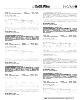 EXECUTIVO 
SALVADOR, SEXTA-FEIRA, 3 DE FEVEREIRO DE 2023 - ANO CVII - No
23.597
República Federativa do Brasil - Estado da Bahia
DIÁRIO OFICIAL
Matrícula Nome Quinquênio Data Início Data Fim
20417436 EUGENIA CANTIDIANA DOS SANTOS BISNETA 27.04.2014/26.04.2019 20.03.2023 18.04.2023
HELOISA CAMPOS DE BRITO
POLÍCIA CIVIL DO ESTADO DA BAHIA
<#E.G.B#755982#43#818420/>
<#E.G.B#755983#43#818421>
Portaria Nº 00585949 de 02 de Fevereiro de 2023
O(A) Delegado Geral do(a) POLÍCIA CIVIL DO ESTADO DA BAHIA - P.CIVIL, no uso de suas
atribuições e tendo em vista o disposto no(a) art. 107 a art.110, da Lei 6.677, de 26 de setembro
de 1994, e/ou art.3° ao 7° da Lei nº 13.471, de 30 de dezembro de 2015, resolve conceder o
direito à Licença-Prêmio ao(s) servidor(es) integrante(s) do Quadro de Pessoal deste órgão,
abaixo relacionado(s):
Matrícula Nome Quinquênio Data Início Data Fim
20442629 ERNANDO DE ALMEIDA ESTRELA 27.01.2016/26.01.2021 01.03.2023 30.03.2023
HELOISA CAMPOS DE BRITO
POLÍCIA CIVIL DO ESTADO DA BAHIA
<#E.G.B#755983#43#818421/>
<#E.G.B#755984#43#818422>
Portaria Nº 00585989 de 02 de Fevereiro de 2023
O(A) Delegado Geral do(a) POLÍCIA CIVIL DO ESTADO DA BAHIA - P.CIVIL, no uso de suas
atribuições e tendo em vista o disposto no(a) art. 107 a art.110, da Lei 6.677, de 26 de setembro
de 1994, e/ou art.3° ao 7° da Lei nº 13.471, de 30 de dezembro de 2015, resolve conceder o
direito à Licença-Prêmio ao(s) servidor(es) integrante(s) do Quadro de Pessoal deste órgão,
abaixo relacionado(s):
Matrícula Nome Quinquênio Data Início Data Fim
20172553 CLOVIS ANTONIO DE CARVALHO 04.08.2009/03.08.2014 06.03.2023 04.04.2023
HELOISA CAMPOS DE BRITO
POLÍCIA CIVIL DO ESTADO DA BAHIA
<#E.G.B#755984#43#818422/>
<#E.G.B#755985#43#818423>
Portaria Nº 00586006 de 02 de Fevereiro de 2023
O(A) Delegado Geral do(a) POLÍCIA CIVIL DO ESTADO DA BAHIA - P.CIVIL, no uso de suas
atribuições e tendo em vista o disposto no(a) art. 107 a art.110, da Lei 6.677, de 26 de setembro
de 1994, e/ou art.3° ao 7° da Lei nº 13.471, de 30 de dezembro de 2015, resolve conceder o
direito à Licença-Prêmio ao(s) servidor(es) integrante(s) do Quadro de Pessoal deste órgão,
abaixo relacionado(s):
Matrícula Nome Quinquênio Data Início Data Fim
20303738 CARLOS ANTONIO CANTARELLI SA 20.05.1998/19.05.2003 02.03.2023 30.05.2023
HELOISA CAMPOS DE BRITO
POLÍCIA CIVIL DO ESTADO DA BAHIA
<#E.G.B#755985#43#818423/>
<#E.G.B#755986#43#818424>
Portaria Nº 00586008 de 02 de Fevereiro de 2023
O(A) Delegado Geral do(a) POLÍCIA CIVIL DO ESTADO DA BAHIA - P.CIVIL, no uso de suas
atribuições e tendo em vista o disposto no(a) art. 107 a art.110, da Lei 6.677, de 26 de setembro
de 1994, e/ou art.3° ao 7° da Lei nº 13.471, de 30 de dezembro de 2015, resolve conceder o
direito à Licença-Prêmio ao(s) servidor(es) integrante(s) do Quadro de Pessoal deste órgão,
abaixo relacionado(s):
Matrícula Nome Quinquênio Data Início Data Fim
20412279 ROBERTO ANTONIO DE JESUS 27.04.2004/26.04.2009 06.03.2023 04.04.2023
HELOISA CAMPOS DE BRITO
POLÍCIA CIVIL DO ESTADO DA BAHIA
<#E.G.B#755986#43#818424/>
<#E.G.B#755987#43#818425>
Portaria Nº 00586016 de 02 de Fevereiro de 2023
O(A) Delegado Geral do(a) POLÍCIA CIVIL DO ESTADO DA BAHIA - P.CIVIL, no uso de suas
atribuições e tendo em vista o disposto no(a) art. 107 a art.110, da Lei 6.677, de 26 de setembro
de 1994, e/ou art.3° ao 7° da Lei nº 13.471, de 30 de dezembro de 2015, resolve conceder o
direito à Licença-Prêmio ao(s) servidor(es) integrante(s) do Quadro de Pessoal deste órgão,
abaixo relacionado(s):
Matrícula Nome Quinquênio Data Início Data Fim
20434980 JORGE FERREIRA DE SIQUEIRA 29.11.2010/28.11.2015 19.03.2023 17.04.2023
HELOISA CAMPOS DE BRITO
POLÍCIA CIVIL DO ESTADO DA BAHIA
<#E.G.B#755987#43#818425/>
<#E.G.B#755988#43#818426>
Portaria Nº 00586031 de 02 de Fevereiro de 2023
O(A) Delegado Geral do(a) POLÍCIA CIVIL DO ESTADO DA BAHIA - P.CIVIL, no uso de suas
atribuições e tendo em vista o disposto no(a) art. 107 a art.110, da Lei 6.677, de 26 de setembro
de 1994, e/ou art.3° ao 7° da Lei nº 13.471, de 30 de dezembro de 2015, resolve conceder o
direito à Licença-Prêmio ao(s) servidor(es) integrante(s) do Quadro de Pessoal deste órgão,
abaixo relacionado(s):
Matrícula Nome Quinquênio Data Início Data Fim
20302940 LUCIO ALEX DA SILVA 20.05.1998/19.05.2003 01.03.2023 29.05.2023
HELOISA CAMPOS DE BRITO
POLÍCIA CIVIL DO ESTADO DA BAHIA
<#E.G.B#755988#43#818426/>
<#E.G.B#755989#43#818427>
Portaria Nº 00586037 de 02 de Fevereiro de 2023
O(A) Delegado Geral do(a) POLÍCIA CIVIL DO ESTADO DA BAHIA - P.CIVIL, no uso de suas
atribuições e tendo em vista o disposto no(a) art. 107 a art.110, da Lei 6.677, de 26 de setembro
de 1994, e/ou art.3° ao 7° da Lei nº 13.471, de 30 de dezembro de 2015, resolve conceder o
direito à Licença-Prêmio ao(s) servidor(es) integrante(s) do Quadro de Pessoal deste órgão,
abaixo relacionado(s):
Matrícula Nome Quinquênio Data Início Data Fim
20302534 EVANILDA RODRIGUES BEZERRA 13.05.2013/12.05.2018 16.03.2023 14.04.2023
HELOISA CAMPOS DE BRITO
POLÍCIA CIVIL DO ESTADO DA BAHIA
<#E.G.B#755989#43#818427/>
<#E.G.B#755990#43#818428>
Portaria Nº 00586047 de 02 de Fevereiro de 2023
O(A) Delegado Geral do(a) POLÍCIA CIVIL DO ESTADO DA BAHIA - P.CIVIL, no uso de suas
atribuições e tendo em vista o disposto no(a) art. 107 a art.110, da Lei 6.677, de 26 de setembro
de 1994, e/ou art.3° ao 7° da Lei nº 13.471, de 30 de dezembro de 2015, resolve conceder o
direito à Licença-Prêmio ao(s) servidor(es) integrante(s) do Quadro de Pessoal deste órgão,
abaixo relacionado(s):
Matrícula Nome Quinquênio Data Início Data Fim
20086587 RENARIO MARQUES SAL BARRETO 06.11.2003/05.11.2008 09.03.2023 07.05.2023
HELOISA CAMPOS DE BRITO
POLÍCIA CIVIL DO ESTADO DA BAHIA
<#E.G.B#755990#43#818428/>
<#E.G.B#755991#43#818429>
Portaria Nº 00586060 de 02 de Fevereiro de 2023
O(A) Delegado Geral do(a) POLÍCIA CIVIL DO ESTADO DA BAHIA - P.CIVIL, no uso de suas
atribuições e tendo em vista o disposto no(a) art. 107 a art.110, da Lei 6.677, de 26 de setembro
de 1994, e/ou art.3° ao 7° da Lei nº 13.471, de 30 de dezembro de 2015, resolve conceder o
direito à Licença-Prêmio ao(s) servidor(es) integrante(s) do Quadro de Pessoal deste órgão,
abaixo relacionado(s):
Matrícula Nome Quinquênio Data Início Data Fim
20303021 LUIS CLAUDIO BORGES DE SANTANA 13.05.2013/12.05.2018 01.03.2023 30.03.2023
HELOISA CAMPOS DE BRITO
POLÍCIA CIVIL DO ESTADO DA BAHIA
<#E.G.B#755991#43#818429/>
<#E.G.B#755992#43#818430>
Portaria Nº 00586062 de 02 de Fevereiro de 2023
O(A) Delegado Geral do(a) POLÍCIA CIVIL DO ESTADO DA BAHIA - P.CIVIL, no uso de suas
atribuições e tendo em vista o disposto no(a) art. 107 a art.110, da Lei 6.677, de 26 de setembro
de 1994, e/ou art.3° ao 7° da Lei nº 13.471, de 30 de dezembro de 2015, resolve conceder o
direito à Licença-Prêmio ao(s) servidor(es) integrante(s) do Quadro de Pessoal deste órgão,
abaixo relacionado(s):
Matrícula Nome Quinquênio Data Início Data Fim
20345454 ANTONIO RAILDO SOUZA SANTOS 03.04.2000/02.04.2005 20.03.2023 18.04.2023
HELOISA CAMPOS DE BRITO
POLÍCIA CIVIL DO ESTADO DA BAHIA
<#E.G.B#755992#43#818430/>
<#E.G.B#755993#43#818431>
Portaria Nº 00586071 de 02 de Fevereiro de 2023
O(A) Delegado Geral do(a) POLÍCIA CIVIL DO ESTADO DA BAHIA - P.CIVIL, no uso de suas
atribuições e tendo em vista o disposto no(a) art. 107 a art.110, da Lei 6.677, de 26 de setembro
de 1994, e/ou art.3° ao 7° da Lei nº 13.471, de 30 de dezembro de 2015, resolve conceder o
direito à Licença-Prêmio ao(s) servidor(es) integrante(s) do Quadro de Pessoal deste órgão,
abaixo relacionado(s):
CÓPIA - Consulte informação oficial em www.dool.egba.ba.gov.br
 