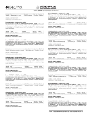  EXECUTIVO
SALVADOR, SEXTA-FEIRA, 3 DE FEVEREIRO DE 2023 - ANO CVII - No
23.597
República Federativa do Brasil - Estado da Bahia
DIÁRIO OFICIAL
Matrícula Nome Quinquênio Data Início Data Fim
20481620 EMANUEL SANTOS DE JESUS 16.06.2013/15.06.2018 13.03.2023 11.04.2023
HELOISA CAMPOS DE BRITO
POLÍCIA CIVIL DO ESTADO DA BAHIA
<#E.G.B#755993#44#818431/>
<#E.G.B#755994#44#818433>
Portaria Nº 00586075 de 02 de Fevereiro de 2023
O(A) Delegado Geral do(a) POLÍCIA CIVIL DO ESTADO DA BAHIA - P.CIVIL, no uso de suas
atribuições e tendo em vista o disposto no(a) art. 107 a art.110, da Lei 6.677, de 26 de setembro
de 1994, e/ou art.3° ao 7° da Lei nº 13.471, de 30 de dezembro de 2015, resolve conceder o
direito à Licença-Prêmio ao(s) servidor(es) integrante(s) do Quadro de Pessoal deste órgão,
abaixo relacionado(s):
Matrícula Nome Quinquênio Data Início Data Fim
20302547 ANA PAULA DA SILVA 22.05.2013/21.05.2018 22.03.2023 20.04.2023
HELOISA CAMPOS DE BRITO
POLÍCIA CIVIL DO ESTADO DA BAHIA
<#E.G.B#755994#44#818433/>
<#E.G.B#755996#44#818434>
Portaria Nº 00586090 de 02 de Fevereiro de 2023
O(A) Delegado Geral do(a) POLÍCIA CIVIL DO ESTADO DA BAHIA - P.CIVIL, no uso de suas
atribuições e tendo em vista o disposto no(a) art. 107 a art.110, da Lei 6.677, de 26 de setembro
de 1994, e/ou art.3° ao 7° da Lei nº 13.471, de 30 de dezembro de 2015, resolve conceder o
direito à Licença-Prêmio ao(s) servidor(es) integrante(s) do Quadro de Pessoal deste órgão,
abaixo relacionado(s):
Matrícula Nome Quinquênio Data Início Data Fim
20130433 ANA CELIA DO NASCIMENTO MORAES 05.01.1996/04.01.2001 01.03.2023 29.04.2023
HELOISA CAMPOS DE BRITO
POLÍCIA CIVIL DO ESTADO DA BAHIA
<#E.G.B#755996#44#818434/>
<#E.G.B#755997#44#818435>
Portaria Nº 00586110 de 02 de Fevereiro de 2023
O(A) Delegado Geral do(a) POLÍCIA CIVIL DO ESTADO DA BAHIA - P.CIVIL, no uso de suas
atribuições e tendo em vista o disposto no(a) art. 107 a art.110, da Lei 6.677, de 26 de setembro
de 1994, e/ou art.3° ao 7° da Lei nº 13.471, de 30 de dezembro de 2015, resolve conceder o
direito à Licença-Prêmio ao(s) servidor(es) integrante(s) do Quadro de Pessoal deste órgão,
abaixo relacionado(s):
Matrícula Nome Quinquênio Data Início Data Fim
20440058 CARLOS ALBERTO DOS SANTOS 18.05.2006/17.05.2011 07.03.2023 05.04.2023
HELOISA CAMPOS DE BRITO
POLÍCIA CIVIL DO ESTADO DA BAHIA
<#E.G.B#755997#44#818435/>
<#E.G.B#755998#44#818436>
Portaria Nº 00586115 de 02 de Fevereiro de 2023
O(A) Delegado Geral do(a) POLÍCIA CIVIL DO ESTADO DA BAHIA - P.CIVIL, no uso de suas
atribuições e tendo em vista o disposto no(a) art. 107 a art.110, da Lei 6.677, de 26 de setembro
de 1994, e/ou art.3° ao 7° da Lei nº 13.471, de 30 de dezembro de 2015, resolve conceder o
direito à Licença-Prêmio ao(s) servidor(es) integrante(s) do Quadro de Pessoal deste órgão,
abaixo relacionado(s):
Matrícula Nome Quinquênio Data Início Data Fim
20303040 CARLOS JOSE FRANCO DA MOTA 20.05.2013/19.05.2018 01.03.2023 30.03.2023
HELOISA CAMPOS DE BRITO
POLÍCIA CIVIL DO ESTADO DA BAHIA
<#E.G.B#755998#44#818436/>
<#E.G.B#755999#44#818437>
Portaria Nº 00586127 de 02 de Fevereiro de 2023
O(A) Delegado Geral do(a) POLÍCIA CIVIL DO ESTADO DA BAHIA - P.CIVIL, no uso de suas
atribuições e tendo em vista o disposto no(a) art. 107 a art.110, da Lei 6.677, de 26 de setembro
de 1994, e/ou art.3° ao 7° da Lei nº 13.471, de 30 de dezembro de 2015, resolve conceder o
direito à Licença-Prêmio ao(s) servidor(es) integrante(s) do Quadro de Pessoal deste órgão,
abaixo relacionado(s):
Matrícula Nome Quinquênio Data Início Data Fim
20217134 MARINEIDE BONFIM OLIVEIRA 20.01.1994/19.01.1999 15.03.2023 13.04.2023
HELOISA CAMPOS DE BRITO
POLÍCIA CIVIL DO ESTADO DA BAHIA
<#E.G.B#755999#44#818437/>
<#E.G.B#756000#44#818438>
Portaria Nº 00586138 de 02 de Fevereiro de 2023
O(A) Delegado Geral do(a) POLÍCIA CIVIL DO ESTADO DA BAHIA - P.CIVIL, no uso de suas
atribuições e tendo em vista o disposto no(a) art. 107 a art.110, da Lei 6.677, de 26 de setembro
de 1994, e/ou art.3° ao 7° da Lei nº 13.471, de 30 de dezembro de 2015, resolve conceder o
direito à Licença-Prêmio ao(s) servidor(es) integrante(s) do Quadro de Pessoal deste órgão,
abaixo relacionado(s):
Matrícula Nome Quinquênio Data Início Data Fim
20440118 JULIMARCIA SANTOS COUTINHO 17.05.2016/16.05.2021 13.03.2023 11.04.2023
HELOISA CAMPOS DE BRITO
POLÍCIA CIVIL DO ESTADO DA BAHIA
<#E.G.B#756000#44#818438/>
<#E.G.B#756001#44#818439>
Portaria Nº 00586144 de 02 de Fevereiro de 2023
O(A) Delegado Geral do(a) POLÍCIA CIVIL DO ESTADO DA BAHIA - P.CIVIL, no uso de suas
atribuições e tendo em vista o disposto no(a) art. 107 a art.110, da Lei 6.677, de 26 de setembro
de 1994, e/ou art.3° ao 7° da Lei nº 13.471, de 30 de dezembro de 2015, resolve conceder o
direito à Licença-Prêmio ao(s) servidor(es) integrante(s) do Quadro de Pessoal deste órgão,
abaixo relacionado(s):
Matrícula Nome Quinquênio Data Início Data Fim
20303058 MARCELO FERREIRA DE SOUSA 20.05.2013/19.05.2018 13.03.2023 22.03.2023
HELOISA CAMPOS DE BRITO
POLÍCIA CIVIL DO ESTADO DA BAHIA
<#E.G.B#756001#44#818439/>
<#E.G.B#756002#44#818440>
Portaria Nº 00586155 de 02 de Fevereiro de 2023
O(A) Delegado Geral do(a) POLÍCIA CIVIL DO ESTADO DA BAHIA - P.CIVIL, no uso de suas
atribuições e tendo em vista o disposto no(a) art. 107 a art.110, da Lei 6.677, de 26 de setembro
de 1994, e/ou art.3° ao 7° da Lei nº 13.471, de 30 de dezembro de 2015, resolve conceder o
direito à Licença-Prêmio ao(s) servidor(es) integrante(s) do Quadro de Pessoal deste órgão,
abaixo relacionado(s):
Matrícula Nome Quinquênio Data Início Data Fim
20386447 MARIA LUIZA RIBEIRO SANTOS 22.09.2017/21.09.2022 03.03.2023 01.04.2023
HELOISA CAMPOS DE BRITO
POLÍCIA CIVIL DO ESTADO DA BAHIA
<#E.G.B#756002#44#818440/>
<#E.G.B#756003#44#818441>
Portaria Nº 00586162 de 02 de Fevereiro de 2023
O(A) Delegado Geral do(a) POLÍCIA CIVIL DO ESTADO DA BAHIA - P.CIVIL, no uso de suas
atribuições e tendo em vista o disposto no(a) art. 107 a art.110, da Lei 6.677, de 26 de setembro
de 1994, e/ou art.3° ao 7° da Lei nº 13.471, de 30 de dezembro de 2015, resolve conceder o
direito à Licença-Prêmio ao(s) servidor(es) integrante(s) do Quadro de Pessoal deste órgão,
abaixo relacionado(s):
Matrícula Nome Quinquênio Data Início Data Fim
20190012 GRACILIANO JOSE DE NOVAIS FILHO 01.10.1999/30.09.2004 15.03.2023 13.04.2023
HELOISA CAMPOS DE BRITO
POLÍCIA CIVIL DO ESTADO DA BAHIA
<#E.G.B#756003#44#818441/>
<#E.G.B#756004#44#818442>
Portaria Nº 00586163 de 02 de Fevereiro de 2023
O(A) Delegado Geral do(a) POLÍCIA CIVIL DO ESTADO DA BAHIA - P.CIVIL, no uso de suas
atribuições e tendo em vista o disposto no(a) art. 107 a art.110, da Lei 6.677, de 26 de setembro
de 1994, e/ou art.3° ao 7° da Lei nº 13.471, de 30 de dezembro de 2015, resolve conceder o
direito à Licença-Prêmio ao(s) servidor(es) integrante(s) do Quadro de Pessoal deste órgão,
abaixo relacionado(s):
Matrícula Nome Quinquênio Data Início Data Fim
20302689 JURENIR CARNEIRO CORDEIRO 14.05.2008/13.05.2013 01.03.2023 29.04.2023
HELOISA CAMPOS DE BRITO
POLÍCIA CIVIL DO ESTADO DA BAHIA
<#E.G.B#756004#44#818442/>
<#E.G.B#756005#44#818443>
Portaria Nº 00586185 de 02 de Fevereiro de 2023
O(A) Delegado Geral do(a) POLÍCIA CIVIL DO ESTADO DA BAHIA - P.CIVIL, no uso de suas
atribuições e tendo em vista o disposto no(a) art. 107 a art.110, da Lei 6.677, de 26 de setembro
de 1994, e/ou art.3° ao 7° da Lei nº 13.471, de 30 de dezembro de 2015, resolve conceder o
direito à Licença-Prêmio ao(s) servidor(es) integrante(s) do Quadro de Pessoal deste órgão,
abaixo relacionado(s):
CÓPIA - Consulte informação oficial em www.dool.egba.ba.gov.br
 