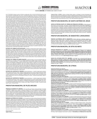 lote 07: R$ 54.890,00 (Cinquenta e quatro mil oitocentos e noventa reais). Valor do lote 09: R$ 238.750,00 (Duzentos e trinta
e oito mil setecentos e cinquenta reais). Valor do lote 11: R$ 288.850,00 (Duzentos e oitenta e oito mil oitocentos e cinquenta
reais). Valor do lote 14: R$ 34.850,00 (Trinta e quatro mil oitocentos e cinquenta reais). Valor do lote 15: R$ 184.650,00 (Cento e
oitenta e quatro mil seiscentos e cinquenta reais). Valor do lote 16: R$ 4.850,00 (Quatro mil oitocentos e cinquenta reais). Valor
do lote 17: R$ 1.584,00 (Hum mil quinhentos e oitenta e quatro reais). Valor do lote 18: R$ 21.500,00 (Vinte e um mil e quinhentos
reais). Valor do lote 19: R$ 20.400,00 (Vinte mil e quatrocentos reais). Valor do lote 21: R$ 24.001,10 (Vinte e quatro mil um
real e dez centavos). Valor do lote 24: R$ 392.800,00 (Trezentos e noventa e dois mil e oitocentos reais). Valor do lote 25: R$
44.850,00 (Quarenta e quatro mil oitocentos e cinquenta reais). Valor Total dos lotes (01, 02, 03, 04, 06, 09, 11, 14, 15, 16, 17,
18, 19, 21, 24 e 25): R$ 1.433.271,10 (Hum milhão quatrocentos e trinta e três mil duzentos e setenta e um reais e dez centavos).
LUCINEI OLIVEIRA MOREIRA. CNPJ: 05.899.838/0001-82. Endereço: Largo do Rosário, nº 351, Centro, Rio de Contas - Bahia.
CEP: 46.170-000. Propostas Finais: Valor do lote 05: R$ 86.000,00 (Oitenta e seis mil reais). Valor do lote 10: R$ 17.450,00
(Dezessete mil quatrocentos e cinquenta reais). Valor do lote 12: R$ 101.999,75 (Cento e um mil novecentos e noventa e nove
reais e setenta e cinco centavos). Valor do lote 20: R$ 9.000,00 (nove mil reais). Valor do lote 23: R$ 76.757,00 (Setenta e seis
mil setecentos e cinquenta e sete reais). Valor do lote 28: R$ 77.000,00 (Setenta e sete mil reais). Valor Total dos lotes (05, 10,
12, 20, 23 e 28): R$ 368.206,75 (Trezentos e sessenta e oito mil duzentos e seis reais e setenta e cinco centavos). GOIAS LED
MATERIAIS ELÉTRICOS E CONSTRUÇÃO - ME. CNPJ: 27.927.653/0001-77. Endereço: R R 5, nº 105, quadra 7, Lote 9 A,
Setor Oeste, Goiânia - GO. CEP: 74.125-070.Proposta Final: Valor do lote 13: R$ 65.927,05 (Sessenta e cinco mil novecentos
e vinte e sete reais e cinco centavos). CLEITON RODRIGUES XAVIER - ME. CNPJ: 44.687.681/0001-83. Endereço: Rua Dep.
João Alves, nº 201, Sala 04, Roseirão, Paramirim - Bahia. CEP: 46.190-000. Propostas Finais: Valor do lote 22: R$ 460.000,00
(Quatrocentos e sessenta mil reais). Valor do lote 33: R$ 1.160.000,00 (Hum milhão cento e sessenta mil reais). Total dos lotes
(22 e 33): R$ 1.620.000,00 (Hum milhão seiscentos e vinte mil reais). Razão Social: MADEREIRA SILVESTRE LTDA - ME.
CNPJ: 16.312.845/0001-52. Endereço: Av. Dr. Nelson leal, nº 549, Comodo, Centro, Livramento de Nossa Senhora - Bahia. CEP:
46.140-000. Propostas Finais: Valor do lote 26: R$ 384.503,00 (trezentos e oitenta e quatro mil quinhentos e três reais). Valor
do lote 27: R$ 192.300,00 (Cento e noventa e dois mil e trezentos reais), total dos lotes (26 e 27): R$ 576.803,00 (Quinhentos
e setenta e seis mil oitocentos e três reais). MARCIEL ARAÚJO DIAS - ME. CNPJ: 12.912.968/0001-73. Endereço: R W, nº 66,
Galpão, Benito Gama, Livramento de Nossa Senhora - Bahia. CEP: 46.140-000. Proposta Final: Valor do lote 29: R$ 33.950,00
(Trinta e três mil novecentos e cinquenta reais). LITH ARTEFATOS DE CIMENTO LTDA - EPP. CNPJ: 13.353.318/0001-06.
Endereço: Av. Dorival Caymmi, nº 10, quadra 01, Loteamento Zinho Tanajura, Barriguda, Livramento de Nossa Senhora - Bahia.
CEP: 46.140-000. Proposta Final: Valor do lote 31: R$ 380.000,00 (Trezentos e oitenta mil reais). EDSON RAMOS AGUIAR -
ME. CNPJ: 11.847.430/0001-60. Endereço: Rua do Prédio, s/n, Cômodo, Piçarrão, Livramento de Nossa Senhora - Bahia. CEP:
46.140-000. Proposta Final: Valor do lote 32: R$ 815.166,00 (Oitocentos e quinze mil cento e sessenta e seis reais). ATRIUM
INDÚSTRIA E COMÉRCIO DE FERRAGENS LTDA - EPP. CNPJ: 46.423.434/0001-03. Endereço: Rua Santos Dumont, nº
888, São Cristovão, Erechim - RS. CEP: 99.709-370. Proposta Final: Valor do lote 34: R$ 189.498,00 (Cento e oitenta e nove
mil quatrocentos e noventa e oito reais). BATERIA FERRAGENS LTDA - ME. CNPJ: 09.572.661/0001-66. Endereço: Av. Dr.
Nelson Leal, nº 63, Cômodo, centro, Livramento de Nossa Senhora - Bahia. CEP: 46.140-000. Proposta Final: Valor do lote
35: R$ 19.500,00 (Dezenove mil e quinhentos reais). TSC PONTUAL COMERCIAL E DISTRIBUIDORA LTDA - EPP. CNPJ:
03.127.904/0001-70. Endereço: Rua Dora, nº 626, Balneário Três marias, Peruíbe - SP. CEP: 11.750-000. Proposta Final: Valor
do lote 37: R$ 178.240,00 (Cento e setenta e oito mil duzentos e quarenta reais) Valor das Contratações: R$5.680.561,90 (Cinco
milhões seiscentos e oitenta mil quinhentos e sessenta e um reais e noventa centavos). Livramento de Nossa Senhora - Bahia,
26 de janeiro de 2023. José Ricardo Assunção Ribeiro. Prefeito Municipal
EXTRATO DO TERMO DE ADJUDICAÇÃO. O Pregoeiro e a Equipe de Apoio resolvem adjudicar o Processo
Administrativo nº 1.043/2023, Pregão Eletrônico 003/2023. Objeto: Aquisição de carnes para compor o cardápio da merenda
escolar dos alunos da rede municipal de ensino do município de Livramento de Nossa Senhora - Bahia. Contratada: FN
LOCAÇÕES E TRANSPORTES LTDA. CNPJ: 08.009.131/0001-41. Endereço: R G do Loteamento Jardim América, s/n, sala C,
Stela Dubois, Jaguaquara - Bahia. CEP: 45.345-000. Propostas Finais: Valor do Item 01: R$ 57.795,00 (Cinquenta e sete mil
setecentos e noventa e cinco reais). Valor do Item 03: R$ 108.400,00 (Cento e oito mil e quatrocentos reais). Valor do Item 04:
R$ 15.840,00 (Quinze mil oitocentos e quarenta reais). Valor Total dos Itens (01,03 e 04): R$ 182.035,00 (Cento e oitenta e dois
mil e trinta e cinco reais). Razão Social: GK COMÉRCIO E DISTRIBUIÇÃO DEALIMENTOS E PRODUTOS EIRELI - ME. CNPJ:
41.511.926/0001-29. Endereço: Rua Professora Francisca, nº 30, Boa Vista, Vitória da Conquista - Bahia. CEP: 45.026-415.
Proposta Final: Valor do Item 02: R$ 43.200,00 (Quarenta e três mil e duzentos reais). Valor da Contratação: R$ 225.235,00
(Duzentos e vinte e cinco mil duzentos e trinta e cinco reais). Livramento de Nossa Senhora - Bahia, 26 de janeiro de 2023. José
Raimundo Teixeira Silva Abreu. Pregoeiro
EXTRATO DO TERMO DE HOMOLOGAÇÃO. O Prefeito Municipal, no uso de suas atribuições legais e de
conformidade com a Lei Federal 10.520/02, com a aplicação subsidiaria da Lei 8.666/93, Resolve homologar a adjudicação
referente ao Processo Administrativo nº 1.043/2023, Pregão Eletrônico 003/2023.Objeto: Aquisição de carnes para compor o
cardápio da merenda escolar dos alunos da rede municipal de ensino do município de Livramento de Nossa Senhora - Bahia.
Contratada: FN LOCAÇÕES E TRANSPORTES LTDA. CNPJ: 08.009.131/0001-41. Endereço: R G do Loteamento Jardim
América, s/n, sala C, Stela Dubois, Jaguaquara - Bahia. CEP: 45.345-000. Propostas Finais: Valor do Item 01: R$ 57.795,00
(Cinquenta e sete mil setecentos e noventa e cinco reais). Valor do Item 03: R$ 108.400,00 (Cento e oito mil e quatrocentos reais).
Valor do Item 04: R$ 15.840,00 (Quinze mil oitocentos e quarenta reais). Valor Total dos tens (01,03 e 04): R$ 182.035,00 (Cento
e oitenta e dois mil e trinta e cinco reais). Razão Social: GK COMÉRCIO E DISTRIBUIÇÃO DEALIMENTOS E PRODUTOS
EIRELI - ME. CNPJ: 41.511.926/0001-29. Endereço: Rua Professora Francisca, nº 30, Boa Vista, Vitória da Conquista - Bahia.
CEP: 45.026-415. Proposta Final: Valor do Item 02: R$ 43.200,00 (Quarenta e três mil e duzentos reais). Valor da Contratação:
R$ 225.235,00 (Duzentos e vinte e cinco mil duzentos e trinta e cinco reais).Livramento de Nossa Senhora - Bahia, 26 de janeiro
de 2023. José Ricardo Assunção Ribeiro. Prefeito Municipal
EXTRATO DO CONTRATO Nº 082/2023. Processo Administrativo n° 1.043/2023, Pregão Eletrônico 003/2023.
Objeto: Aquisição de carnes para compor o cardápio da merenda escolar dos alunos da rede municipal de ensino do município
de Livramento de Nossa Senhora - Bahia. Contratante: Prefeitura Municipal de Livramento de Nossa Senhora-Bahia. CNPJ:
nº 13.674.817/0001-97. Contratada: FN LOCAÇÕES E TRANSPORTES LTDA. CNPJ: 08.009.131/0001-41. Endereço: R G do
Loteamento Jardim América, s/n, sala C, Stela Dubois, Jaguaquara - Bahia. CEP: 45.345-000. Valor do Contrato: R$ 182.035,00
(Cento e oitenta e dois mil e trinta e cinco reais).Vigência: 31/01/2023 a 31/12/2023. Livramento de Nossa Senhora - Bahia, 31
de janeiro de 2023.
EXTRATO DO CONTRATO Nº 083/2023. Processo Administrativo n° 1.043/2023, Pregão Eletrônico 003/2023.
Objeto: Aquisição de carnes para compor o cardápio da merenda escolar dos alunos da rede municipal de ensino do município
de Livramento de Nossa Senhora - Bahia. Contratante: Prefeitura Municipal de Livramento de Nossa Senhora-Bahia. CNPJ:
nº 13.674.817/0001-97. Contratada: GK COMÉRCIO E DISTRIBUIÇÃO DEALIMENTOS E PRODUTOS EIRELI - ME. CNPJ:
41.511.926/0001-29. Endereço: Rua Professora Francisca, nº 30, Boa Vista, Vitória da Conquista - Bahia. CEP: 45.026-415. Valor
do Contrato: R$ 43.200,00 (Quarenta e três mil e duzentos reais). Vigência: 31/01/2023 a 31/12/2023. Livramento de Nossa
Senhora - Bahia, 31 de janeiro de 2023.
PREFEITURA MUNICIPAL DE PILÃO ARCADO
P R E F E I T U R A M U N I C I P A L D E P I L Ã O A R C A D O
PREGÃO ELETRÔNICO Nº 009/2023. A CPL torna público aos licitantes e demais interessados que mediante
o PREGOEIRO, designado com a equipe de apoio pelo decreto 071/2022, conforme autorização contida no Processo
Administrativo nº 059/2023 realizará licitação na modalidade de PREGÃO, na forma ELETRÔNICA, do tipo MENOR PREÇO
POR ITEM, para eventual Contratação de empresa por Sistema de Registro de Preços, conforme art. 15 da lei nº. 8.666/93, e
decreto nº. 7.892/2013, para possível e eventual prestação de serviços de locação de máquinas para construção, ampliação e
reforma de estradas vicinais, ruas não pavimentadas, limpeza de barragens e aguadas visando atender as necessidades deste
Município de Pilão Arcado - BA. Pregão Eletrônico. 009/2023, onde o início acolhimento das propostas será apartir das 10:00
horas do dia 03/02/2023 e, o limite de acolhimento das propostas até as 08:00 horas do dia 16/02/2023 (Horário de Brasília),
abertura das propostas serão às 08:05 horas do dia 16/02/2023 (Horário de Brasília), onde o Início da sessão pública: será 09:00
horas do dia 16/02/2023 (Horário de Brasília) referente ao Pregão Eletrônico nº 009/2023.
PREGÃO ELETRÔNICO Nº 010/2023. A CPL torna público aos licitantes e demais interessados que mediante o
PREGOEIRO, designado com a equipe de apoio pelo decreto 071/2023, conforme autorização contida no Processo Administrativo
nº 060/2023 realizará licitação na modalidade de PREGÃO, na forma ELETRÔNICA, do tipo MENOR PREÇO POR ITEM,
Objeto: Contratação de empresa com itens exclusivos para micro, pequena e média empresa, MEI microempreendedor individual
de acordo com o art.48, incisos I e III, da lei 147/2014, para aquisição de cimento, cal, gesso, ferragem e pregos para suprir as
necessidades deste município de Pilão Arcado - BA, através do Sistema de Registro de Preços. Pregão Eletrônico nº 010/2023,
onde o início acolhimento das propostas será apartir das 10:00 horas do dia 03/02/2023 e, o limite de acolhimento das
propostas até as 09:00 horas do dia 16/02/2023 (Horário de Brasília), abertura das propostas serão às 09:05 horas do dia
16/02/2023 (Horário de Brasília), onde o Início da sessão pública: será 14: 00 horas do dia 16/02/2023 (Horário de Brasília)
referente ao Pregão Eletrônico nº 010/2023.Informa, ainda, que a cópia do Edital encontra-se nos sites http://www.bnc.org.br/
e http://www.pilaoarcado.ba.gov.br/ informações adicionais poderão ser obtidas no Setor de Licitação, na Sede da Prefeitura
Municipal, no horário das 08:00 às 14:00 horas através do e-mail: mailto:prefeiturapacpl.gov@gmail.com..
Pilão Arcado - Bahia, 02 de fevereiro de 2023.
Deivid Fonseca Borges
Pregoeiro Oficial
Decreto nº 071/2022 de 04 de fevereiro de 2022
Tomada de Preço n° 001/2023. O objeto da presente licitação consiste na Contratação de empresa Especializada para
execução de Obras e Serviços de Engenharia para a Reforma e Ampliação da Quadra Poliesportiva, anexa à Escola Municipal
Major Joaquim Manuel no Povoado de Passagem no Municipio de Pilão Arcado/BA conforme Planilhas Orçamentárias. Convênio
627/2022, conforme Planilhas Orçamentárias. Data da abertura: 23/02/2023 ÀS 09:00 horas, na sede da Prefeitura localizada na
Praça Coronel Franklin Lins, 41 Centro CEP: 47.240-000 Pilão Arcado/BA. Presidente da CPL: Deivid Fonseca Borges. O edital
está disponível no site: http://www.pilaoarcado.ba.gov.br, e-mail: mailto:prefeiturapacpl.gov@gmail.com
PREFEITURA MUNICIPAL DE SANTO ANTÔNIO DE JESUS
P R E F E I T U R A M U N I C I P A L D E S A N T O A N T Ô N I O D E J E S U S
AVISO DA REPUBLICAÇÃO DA TOMADA DE PREÇOS Nº 007/2022 A Prefeitura Municipal de
Santo Antônio de Jesus torna público, que realizará no dia 20 de fevereiro de 2022, às 9h (horário de Brasília/DF), na
Secretaria Municipal de Administração e Planejamento, situada Av. Roberto Santos, nº 96, Bairro, Centro, Itaguari Shopping
Center, salas 224 a 228 - Santo Antônio de Jesus-BA, republicação da licitação na modalidade Tomada de Preços Nº 007/2022,
Processo Administrativo: nº 6280/2022, cujo objeto é Contratação de serviços de execução de Obras de Melhorias Habitacionais
em 100 (cem) imóveis, nas localidades selecionadas do Município de Santo Antônio de Jesus, observados os prazos máximos,
as especificações técnicas e parâmetros mínimos de desempenho e qualidade definidos nos termos e condições descritos e
especificados no edital e seus anexos. Os interessados poderão obter o Edital no Site da Prefeitura municipal de Santo Antônio
de Jesus. https://sai.io.org.br/ba/santoantoniodejesus/site/editais), e informações serão prestadas pela Diretoria de Licitações e
Compras e ou pela Comissão Permanente de Licitação, em dias úteis, das 08h às 14h, através do e-mail: mailto:licitacao@saj.
ba.gov.br. Santo Antônio de Jesus, Bahia. 02 de fevereiro de 2023. Antônio Alexandre da Silva Lima Pereira - Presidente da
Comissão Permanente de Licitação.
PREFEITURA MUNICIPAL DE SEBASTIÃO LARANJEIRAS
P R E F E I T U R A M U N I C I P A L D E S E B A S T I Ã O L A R A N J E I R A S
PREGÃO ELETRÔNICO SRP Nº 002/2023PE-A Prefeitura Municipal de Sebastião Laranjeiras torna
público que realizará o Pregão eletrônico nº 002/2023PE de acordo com o processo administrativo 002/2023PMSL. Objeto:
REGISTRO DE PREÇO PARA FUTURA E EVENTUAL AQUISIÇÃO DE PEÇAS MECÂNICAS PARA VEÍCULOS LEVES,
CAMINHÕES, ONIBUS E MÁQUINAS E SERVIÇOS PARA MANUTENÇÃO CORRETIVA E PREVENTIVA, LAVAGEM E
SERVIÇOS DE BORRACHARIA PARA FROTA DO MUNICÍPIO DE SEBASTIÃO LARANJEIRAS - BA. Abertura: às 08h de
14/02/2023, pelo sistema do Banco do Brasil, sob o n.º 981026 Edital disponível no endereço www.sebastiaolaranjeiras.ba.gov.
br; (77) 98106-1183. Em 02/02/2023 - Tayguara do Nascimento Vieira Santos, Pregoeiro.
PREFEITURA MUNICIPAL DE SÍTIO DO MATO
P R E F E I T U R A M U N I C I P A L D E S Í T I O D O M A T O
PREGÃO PRESENCIAL Nº. 003/2023 O PREGOEIRO DA PREFEITURA MUNICIPAL DE SITIO DO MATO-BA,
torna público nos termos da Lei nº 10.520/2002, a abertura de PREGÃO PRESENCIAL n° 003/2023: Objeto: SISTEMA DE
REGISTRO DE PREÇOS PARA FUTURA CONTRATAÇÃO DE EMPRESA ESPECIALIZADA NA PRESTAÇÃO DE SERVIÇOS
DE ACESSO Á INTERNET ILIMITADA, COM ASSISTÊNCIA TÉCNICA PERMANENTE POR MEIO DE LINK DEDICADO
PARA CONEXÃO DOS ÓRGÃOS QUE INTEGRAM A ADMINISTRAÇÃO PÚBLICA DO MUNICIPIO SITIO DO MATO-BA.
Abertura: 13.02.2023. Horário: 09:00hs, sala de reuniões da CPL na Prefeitura Municipal de Sitio do Mato - BA. Maiores
informações através do e-mail: mailto:licitacaositiodomatoba@gmail.com ou na Prefeitura Municipal de Sitio do Mato - BA, na
sala da CPL, das 08:00 hrs as 12:00 hrs.Murilo Rodrigues Cruz Lopes - Pregoeiro.
AVISO DE LICITAÇÃO SRP PP Nº. 004/2023. O PREGOEIRO DA P. M. DE SITIO DO MATO-BA, torna
público nos termos da Lei vigente, a abertura de PP n° 004/23: Objeto: SRP - PARA CONTRATAÇÃO DE EMPRESA
ESPECIALIZADA NA PRESTAÇÃO DE SERVIÇOS DE AUXÍLIO FUNERAL CONCEDIDO PELO FUNDO MUNICIPAL DE
ASSISTÊNCIA SOCIAL, À FAMÍLIA EM SITUAÇÃO DE VULNERABILIDADE SOCIAL NO MUNICIPIO DE SÍTIO DO MATO
-BA. Abertura: 15.02.23. AS 09:00hs, sala de reuniões da CPL na P.M de Sitio do Mato - BA. Maiores informações no e-mail:
mailto:licitacao.sitiodomatoba@gmail.com ou na P.M de Sitio do Mato - BA, na sala da CPL, das 08:00 hrs as 12:00 hrs. Murilo
Rodrigues Cruz Lopes - Pregoeiro
PREFEITURA MUNICIPAL DE UTINGA
P R E F E I T U R A M U N I C I P A L D E U T I N G A
PREFEITURA MUNICIPIAL DE UTINGA-BA
AVISO DE LICITAÇÃO PE Nº 005/2023 - O Pregoeiro da Prefeitura Municipal de Utinga - BA torna público para
conhecimento dos interessados que, no próximo dia 15 de fevereiro de 2023 às 09h00min(horário de Brasília-DF), no endereço
eletrônico: http://www.licitacoes-e.com.br/aop/index.jsp, estará realizando licitação, na modalidade PREGÃO ELETRÔNICO Nº
005/2023, critério de julgamento menor preço, cujo objeto é a CONTRATAÇÃO DE EMPRESA PARA O FORNECIMENTO DE
GASES MEDICINAIS COMPRIMIDOS E LIQUEFEITOS EM CILINDROS, DESTINADOS A SECRETARIA MUNICIPAL DE
SAÚDE. Demais informações na sede da Prefeitura Municipal ou pelo telefone (75) 3337-1020. Utinga - BA, 02 de fevereiro de
2023. MARCIO LUIZ PIRES DE SOUZA - Pregoeiro.
PREFEITURA MUNICIPIAL DE UTINGA-BA
AVISO DE LICITAÇÃO PE Nº 006/2023 - O Pregoeiro da Prefeitura Municipal de Utinga - BA torna público para
conhecimento dos interessados que, no próximo dia 15 de fevereiro de 2023 às 10h00min(horário de Brasília-DF), no endereço
eletrônico: http://www.licitacoes-e.com.br/aop/index.jsp, estará realizando licitação, na modalidade PREGÃO ELETRÔNICO
Nº 006/2023, critério de julgamento menor preço, cujo objeto é a CONTRATAÇÃO DE EMPRESA VISANDO A EXECUÇÃO
DE SERVIÇOS DE TOPOGRAFIA, COM FORNECIMENTO DE EQUIPAMENTOS E MÃO DE OBRA, PARA ATENDER AS
NECESSIDADES DO MUNICÍPIO DE UTINGA/BA. Demais informações na sede da Prefeitura Municipal ou pelo telefone (75)
3337-1020. Utinga - BA, 02 de fevereiro de 2023. MARCIO LUIZ PIRES DE SOUZA - Pregoeiro.
PREFEITURA MUNICIPIAL DE UTINGA-BA
AVISO DE LICITAÇÃO PE Nº 007/2023 - O Pregoeiro da Prefeitura Municipal de Utinga - BA torna público para
conhecimento dos interessados que, no próximo dia 15 de fevereiro de 2023 às 11h00min(horário de Brasília-DF), no endereço
eletrônico: http://www.licitacoes-e.com.br/aop/index.jsp, estará realizando licitação, na modalidade PREGÃO ELETRÔNICO Nº
007/2023, critério de julgamento menor preço, cujo objeto é a CONTRATAÇÃO DE PESSOA JURÍDICA ESPECIALIZADA NA
PRESTAÇÃO DE SERVIÇOS/MATERIAL GRÁFICO, PARA ATENDER O CONSUMO DOS DIVERSOS SETORES DESTA
ADMINISTRAÇÃO. Demais informações na sede da Prefeitura Municipal ou pelo telefone (75) 3337-1020. Utinga - BA, 02 de
fevereiro de 2023. MARCIO LUIZ PIRES DE SOUZA - Pregoeiro.
PREFEITURA MUNICIPIAL DE UTINGA-BA
AVISO DE LICITAÇÃO PE Nº 008/2023 - O Pregoeiro da Prefeitura Municipal de Utinga - BA torna público para
conhecimento dos interessados que, no próximo dia 15 de fevereiro de 2023 às 14h00min(horário de Brasília-DF), no endereço
eletrônico: http://www.licitacoes-e.com.br/aop/index.jsp, estará realizando licitação, na modalidade PREGÃO ELETRÔNICO
Nº 008/2023, critério de julgamento menor preço, cujo objeto é a CONTRATAÇÃO DE FORNECEDOR DE MATERIAL
DESCARTÁVEL, PARA ATENDER AS NECESSIDADES DAS SECRETARIAS. Demais informações na sede da Prefeitura
Municipal ou pelo telefone (75) 3337-1020. Utinga - BA, 02 de fevereiro de 2023. MARCIO LUIZ PIRES DE SOUZA - Pregoeiro.
PREFEITURA MUNICIPIAL DE UTINGA-BA
AVISO DE LICITAÇÃO PE Nº 009/2023 - O Pregoeiro da Prefeitura Municipal de Utinga - BA torna público para
conhecimento dos interessados que, no próximo dia 15 de fevereiro de 2023 às 15h00min(horário de Brasília-DF), no endereço
eletrônico: http://www.licitacoes-e.com.br/aop/index.jsp, estará realizando licitação, na modalidade PREGÃO ELETRÔNICO
Nº 009/2023, critério de julgamento menor preço, cujo objeto é a CONTRATAÇÃO DE FORNECEDOR DE COMBUSTÍVEIS
(GASOLINA), PARA ATENDER AS NECESSIDADES DAS SECRETARIAS. Demais informações na sede da Prefeitura
Municipal ou pelo telefone (75) 3337-1020. Utinga - BA, 02 de fevereiro de 2023. MARCIO LUIZ PIRES DE SOUZA - Pregoeiro.
PREFEITURA MUNICIPIAL DE UTINGA-BA
AVISO DE LICITAÇÃO PE Nº 010/2023 - O Pregoeiro da Prefeitura Municipal de Utinga - BA torna público
para conhecimento dos interessados que, no próximo dia 15 de fevereiro de 2023 às 16h00min(horário de Brasília-DF), no
endereço eletrônico: http://www.licitacoes-e.com.br/aop/index.jsp, estará realizando licitação, na modalidade PREGÃO
ELETRÔNICO Nº 010/2023, critério de julgamento menor preço, cujo objeto é a CONTRATAÇÃO DE EMPRESA PARA A
LOCAÇÃO DE VEÍCULOS TIPO AUTOMOVEL (AMBULÂNCIAS, CAÇAMBAS E ROLO COMPACTADOR), DE ACORDO
COM A NECESSIDADE DA ADMINISTRAÇÃO. Demais informações na sede da Prefeitura Municipal ou pelo telefone (75)
3337-1020. Utinga - BA, 02 de fevereiro de 2023. MARCIO LUIZ PIRES DE SOUZA - Pregoeiro.
PREFEITURA MUNICIPIAL DE UTINGA-BA
AVISO DE LICITAÇÃO PE Nº 011/2023 - O Pregoeiro da Prefeitura Municipal de Utinga - BA torna público para
conhecimento dos interessados que, no próximo dia 16 de fevereiro de 2023 às 09h00min(horário de Brasília-DF), no endereço
eletrônico: http://www.licitacoes-e.com.br/aop/index.jsp, estará realizando licitação, na modalidade PREGÃO ELETRÔNICO
Nº 011/2023, critério de julgamento menor preço, cujo objeto é a CONTRATAÇÃO DE FORNECEDOR DE PEÇAS PARA
MUNICÍPIOS 
SALVADOR, SEXTA-FEIRA, 3 DE FEVEREIRO DE 2023 - ANO CVII - No
23.597
República Federativa do Brasil - Estado da Bahia
DIÁRIO OFICIAL
CÓPIA - Consulte informação oficial em www.dool.egba.ba.gov.br
 