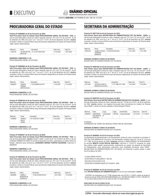  EXECUTIVO
SALVADOR, SEXTA-FEIRA, 3 DE FEVEREIRO DE 2023 - ANO CVII - No
23.597
República Federativa do Brasil - Estado da Bahia
DIÁRIO OFICIAL
PROCURADORIA GERAL DO ESTADO
<#E.G.B#755902#8#818339>
Portaria Nº 00585863 de 02 de Fevereiro de 2023
O(A) Procurador Geral do Estado do(a) PROCURADORIA GERAL DO ESTADO - PGE, no
uso de suas atribuições e tendo em vista o disposto no(a) art. 107 a art.110, da Lei 6.677, de 26
de setembro de 1994, e/ou art.3° ao 7° da Lei nº 13.471, de 30 de dezembro de 2015, resolve
conceder o direito à Licença-Prêmio ao(s) servidor(es) integrante(s) do Quadro de Pessoal deste
órgão, abaixo relacionado(s):
Matrícula Nome Quinquênio Data Início Data Fim
13302192 SELMA REICHE
BACELAR
01.10.2017/30.09.2022 01.03.2023 30.03.2023
BARBARA CAMARDELLI LOI
PROCURADORIA GERAL DO ESTADO
<#E.G.B#755902#8#818339/>
<#E.G.B#755908#8#818347>
Portaria Nº 00586084 de 02 de Fevereiro de 2023
O(A) Procurador Geral do Estado do(a) PROCURADORIA GERAL DO ESTADO - PGE, no
uso de suas atribuições e tendo em vista o disposto no(a) art. 107 a art.110, da Lei 6.677, de 26
de setembro de 1994, e/ou art.3° ao 7° da Lei nº 13.471, de 30 de dezembro de 2015, resolve
conceder o direito à Licença-Prêmio ao(s) servidor(es) integrante(s) do Quadro de Pessoal deste
órgão, abaixo relacionado(s):
Matrícula Nome Quinquênio Data Início Data Fim
06408578 RENATA
FABIANA
SANTOS SILVA
10.02.2009/09.02.2014 13.03.2023 21.03.2023
BARBARA CAMARDELLI LOI
PROCURADORIA GERAL DO ESTADO
<#E.G.B#755908#8#818347/>
<#E.G.B#755909#8#818348>
Portaria Nº 00586105 de 02 de Fevereiro de 2023
O(A) Procurador Geral do Estado do(a) PROCURADORIA GERAL DO ESTADO - PGE, no
uso de suas atribuições e tendo em vista o disposto no(a) art. 107 a art.110, da Lei 6.677, de 26
de setembro de 1994, e/ou art.3° ao 7° da Lei nº 13.471, de 30 de dezembro de 2015, resolve
conceder o direito à Licença-Prêmio ao(s) servidor(es) integrante(s) do Quadro de Pessoal deste
órgão, abaixo relacionado(s):
Matrícula Nome Quinquênio Data Início Data Fim
13238903 MARCIA
SALES
VIEIRA
04.10.2001/03.10.2006 01.03.2023 29.04.2023
BARBARA CAMARDELLI LOI
PROCURADORIA GERAL DO ESTADO
<#E.G.B#755909#8#818348/>
<#E.G.B#755933#8#818370>
Portaria Nº 00586437 de 02 de Fevereiro de 2023
O(A) Procurador Geral do Estado do(a) PROCURADORIA GERAL DO ESTADO - PGE, no
uso de suas atribuições, resolve Cessar o efeito, a partir de 01 de Fevereiro de 2023, o ato de
LICENÇA PRÊMIO Nº 00553710 de 08 de Dezembro de 2022, publicado(a) no Diário Oficial do
Estado, referente ao(à) servidor(a) LEONARDO SERGIO PONTES GAUDENZI, matrícula nº
06408529.
BARBARA CAMARDELLI LOI
PROCURADORIA GERAL DO ESTADO
<#E.G.B#755933#8#818370/>
<#E.G.B#755957#8#818395>
Portaria Nº 00585353 de 02 de Fevereiro de 2023
O(A) Procurador Geral do Estado do(a) PROCURADORIA GERAL DO ESTADO - PGE, no
uso de suas atribuições e tendo em vista o disposto no(a) art. 107 a art.110, da Lei 6.677, de 26
de setembro de 1994, e/ou art.3° ao 7° da Lei nº 13.471, de 30 de dezembro de 2015, resolve
conceder o direito à Licença-Prêmio ao(s) servidor(es) integrante(s) do Quadro de Pessoal deste
órgão, abaixo relacionado(s):
Matrícula Nome Quinquênio Data Início Data Fim
06408492 ISABELA
MOREIRA DE
CARVALHO
10.02.2014/09.02.2019 23.01.2023 01.02.2023
BARBARA CAMARDELLI LOI
PROCURADORIA GERAL DO ESTADO
<#E.G.B#755957#8#818395/>
SECRETARIA DA ADMINISTRAÇÃO
<#E.G.B#756072#8#818510>
Portaria Nº 00577345 de 02 de Fevereiro de 2023
O(A) Diretor Geral do(a) SECRETARIA DA ADMINISTRAÇÃO EST DA BAHIA - SAEB, no
uso de suas atribuições e tendo em vista o disposto no(a) art. 107 a art.110, da Lei 6.677, de 26
de setembro de 1994, e/ou art.3° ao 7° da Lei nº 13.471, de 30 de dezembro de 2015, resolve
conceder o direito à Licença-Prêmio ao(s) servidor(es) integrante(s) do Quadro de Pessoal deste
órgão, abaixo relacionado(s):
Matrícula Nome Quinquênio Data Início Data Fim
09444102 MURILO CESAR
FERREIRA
BARBOSA
31.08.2016/30.08.2021 12.01.2023 13.01.2023
ADRIANA GUSMAO CUNHA VILAS BOAS
SECRETARIA DA ADMINISTRAÇÃO EST DA BAHIA
<#E.G.B#756072#8#818510/>
<#E.G.B#756074#8#818512>
Portaria Nº 00587502 de 02 de Fevereiro de 2023
O(A) Diretor Geral do(a) SECRETARIA DA ADMINISTRAÇÃO EST DA BAHIA - SAEB, no
uso de suas atribuições e tendo em vista o disposto no(a) art. 107 a art.110, da Lei 6.677, de 26
de setembro de 1994, e/ou art.3° ao 7° da Lei nº 13.471, de 30 de dezembro de 2015, resolve
conceder o direito à Licença-Prêmio ao(s) servidor(es) integrante(s) do Quadro de Pessoal deste
órgão, abaixo relacionado(s):
Matrícula Nome Quinquênio Data Início Data Fim
59111004 ANTONIO CARLOS
REBOUCAS DA SILVA
11.07.1985/10.07.1990 15.02.2023 15.05.2023
ADRIANA GUSMAO CUNHA VILAS BOAS
SECRETARIA DA ADMINISTRAÇÃO EST DA BAHIA
<#E.G.B#756074#8#818512/>
<#E.G.B#756075#8#818513>
Portaria Nº 00587576 de 02 de Fevereiro de 2023
O(A) Diretor Geral do(a) SECRETARIA DA ADMINISTRAÇÃO EST DA BAHIA - SAEB, no uso
de suas atribuições e tendo em vista o disposto no(a) art. 116 da Lei nº 6.677, de 26 de setembro
de 1994, resolve averbar, nos registros funcionais do(s) servidor(es) do Quadro de Pessoal
do(a) SAEB, o tempo de serviço prestado à Administração Pública:
Matrícula Nome Cargo Órgão Poder/Esfera Data Início Data Fim
92056475 ANDERSON
DOS SANTOS
CARDOSO
Coordenador
III
SEAGRI Executivo/Estado 23.10.2012 21.10.2016
Finalidade:
AVERBAÇÃO DE TEMPO DE SERVIÇO PARA FINS DE ADICIONAL
ADRIANA GUSMAO CUNHA VILAS BOAS
SECRETARIA DA ADMINISTRAÇÃO EST DA BAHIA
<#E.G.B#756075#8#818513/>
<#E.G.B#755940#8#818377>
Portaria Nº 00586561 de 02 de Fevereiro de 2023
Os Secretários da Administração e do Planejamento, tendo em vista o constante no processo n°
009.1491.2022.0080520-28, com fulcro nas disposições contidas no(a) § 4º do art. 6° -A da Lei
nº 11.366, de 29 de janeiro de 2009, resolvem autorizar a MANUTENÇÃO DA DESIGNAÇÃO
do servidor MARTA LUCIA ROCHA SANTANA, matrícula nº 17374113, ocupante do cargo
Esp política públic gestão governamental, pertencente ao quadro de pessoal da Secretaria
do Planejamento, para permanecer exercendo suas atividades funcionais no(a) SAEB -
SECRETARIA DA ADMINISTRAÇÃO EST DA BAHIA, por 024(vinte e quatro) meses, a partir
de 03 de Março de 2023.
CLAUDIO RAMOS PEIXOTO
SECRETARIA DO PLANEJAMENTO - SEPLAN
EDELVINO DA SILVA GOES FILHO
SECRETARIA DAADMINISTRAÇÃO EST DA BAHIA - SAEB
<#E.G.B#755940#8#818377/>
<#E.G.B#755946#8#818384>
Portaria Nº 00586881 de 02 de Fevereiro de 2023
O(A) SECRETÁRIO(A) DA ADMINISTRAÇÃO no uso de suas atribuições, resolve:
I DEFERIR, com fundamento na Lei 7.713/88, alterada pelas Leis 8.541/92 e 11.052/04 o pedido de isenção de
imposto de renda de: NEIDE JARLE BENJAMIM MORAES, proc.: 009.9469.2023.0000611-21 CPF nº: 083.026.775-
15, com laudo médico emitido em 23 de Janeiro de 2023. Em caráter definitivo.
EDELVINO DA SILVA GOES FILHO
SECRETARIA DA ADMINISTRAÇÃO EST DA BAHIA
<#E.G.B#755946#8#818384/>
<#E.G.B#755947#8#818385>
CÓPIA - Consulte informação oficial em www.dool.egba.ba.gov.br
 