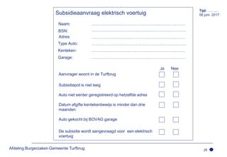 28
Subsidieaanvraag elektrisch voertuig
Naam:
BSN:
Type Auto:
Kenteken:
Adres:
Aanvrager woont in de Turfbrug
Subsidiepot is niet leeg
Auto niet eerder geregistreerd op hetzelfde adres
Datum afgifte kentekenbewijs is minder dan drie
maanden
Auto gekocht bij BOVAG garage
De subsidie wordt aangevraagd voor een elektrisch
voertuig
Ja Nee
Garage:
Tijd: ……...
06 juni 2017
Afdeling Burgerzaken Gemeente Turfbrug
 