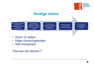 Huidige status
• Duurt 12 weken
• Hoge uitvoeringskosten
• Niet transparant
“Hoe kan dat slimmer?”
Aanvraag komt binnen
bij postkamer –
Registratie in systeem
dat stuk is
binnengekomen
Doorsturen aan
afdeling subsidies-
Registratie in systeem
dat aanvraag gaat on
subsidie
Werkverdeler
vakdienst- Controle of
aanvraag juist is
geregistreerd.
Afdeling subsidies-
controleert op
aanvraag compleet is.
Afdeling subsidies-
beoordeelt
rechtmatigheid van
aanvraag
 