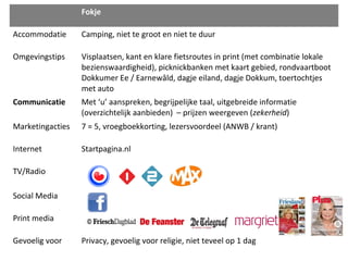 Fokje
Accommodatie Camping, niet te groot en niet te duur
Omgevingstips Visplaatsen, kant en klare fietsroutes in print (met combinatie lokale
bezienswaardigheid), picknickbanken met kaart gebied, rondvaartboot
Dokkumer Ee / Earnewâld, dagje eiland, dagje Dokkum, toertochtjes
met auto
Communicatie Met ‘u’ aanspreken, begrijpelijke taal, uitgebreide informatie
(overzichtelijk aanbieden) – prijzen weergeven (zekerheid)
Marketingacties 7 = 5, vroegboekkorting, lezersvoordeel (ANWB / krant)
Internet Startpagina.nl
TV/Radio
Social Media
Print media
Gevoelig voor Privacy, gevoelig voor religie, niet teveel op 1 dag
 