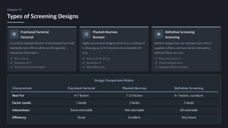 Screening Design Model Comprehensive Guide to Screening Designs in Design of Experiments | PDF