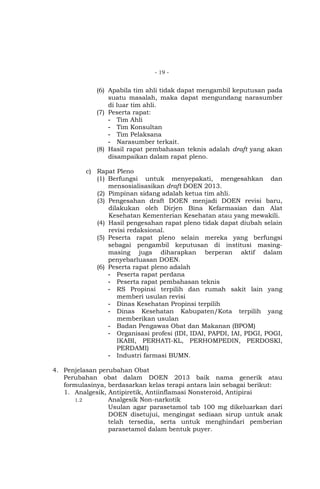 - 19 -

(6) Apabila tim ahli tidak dapat mengambil keputusan pada
suatu masalah, maka dapat mengundang narasumber
di luar tim ahli.
(7) Peserta rapat:
- Tim Ahli
- Tim Konsultan
- Tim Pelaksana
- Narasumber terkait.
(8) Hasil rapat pembahasan teknis adalah draft yang akan
disampaikan dalam rapat pleno.
c) Rapat Pleno
(1) Berfungsi untuk menyepakati, mengesahkan dan
mensosialisasikan draft DOEN 2013.
(2) Pimpinan sidang adalah ketua tim ahli.
(3) Pengesahan draft DOEN menjadi DOEN revisi baru,
dilakukan oleh Dirjen Bina Kefarmasian dan Alat
Kesehatan Kementerian Kesehatan atau yang mewakili.
(4) Hasil pengesahan rapat pleno tidak dapat diubah selain
revisi redaksional.
(5) Peserta rapat pleno selain mereka yang berfungsi
sebagai pengambil keputusan di institusi masingmasing juga diharapkan berperan aktif dalam
penyebarluasan DOEN.
(6) Peserta rapat pleno adalah
- Peserta rapat perdana
- Peserta rapat pembahasan teknis
- RS Propinsi terpilih dan rumah sakit lain yang
memberi usulan revisi
- Dinas Kesehatan Propinsi terpilih
- Dinas Kesehatan Kabupaten/Kota terpilih yang
memberikan usulan
- Badan Pengawas Obat dan Makanan (BPOM)
- Organisasi profesi (IDI, IDAI, PAPDI, IAI, PDGI, POGI,
IKABI, PERHATI-KL, PERHOMPEDIN, PERDOSKI,
PERDAMI)
- Industri farmasi BUMN.
4. Penjelasan perubahan Obat
Perubahan obat dalam DOEN 2013 baik nama generik atau
formulasinya, berdasarkan kelas terapi antara lain sebagai berikut:
1. Analgesik, Antipiretik, Antiinflamasi Nonsteroid, Antipirai
1.2
Analgesik Non-narkotik
Usulan agar parasetamol tab 100 mg dikeluarkan dari
DOEN disetujui, mengingat sediaan sirup untuk anak
telah tersedia, serta untuk menghindari pemberian
parasetamol dalam bentuk puyer.

 