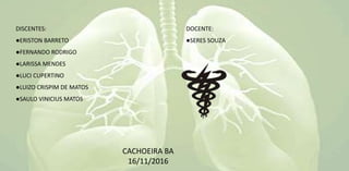 DISCENTES:
●ERISTON BARRETO
●FERNANDO RODRIGO
●LARISSA MENDES
●LUCI CUPERTINO
●LUIZO CRISPIM DE MATOS
●SAULO VINICIUS MATOS
DOCENTE:
●SERES SOUZA
CACHOEIRA BA
16/11/2016
 