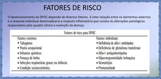 O desenvolvimento da DPOC depende de diversos fatores. A inter-relação entre os elementos externos
e a resposta individual desencadearia a resposta inflamatória que conduz às alterações patológicas
responsáveis pelo quadro clínico e evolução da doença.
FATORES DE RISCO
 