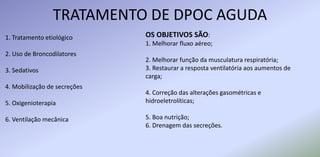 TRATAMENTO DE DPOC AGUDA
OS OBJETIVOS SÃO:
1. Melhorar fluxo aéreo;
2. Melhorar função da musculatura respiratória;
3. Restaurar a resposta ventilatória aos aumentos de
carga;
4. Correção das alterações gasométricas e
hidroeletrolíticas;
5. Boa nutrição;
6. Drenagem das secreções.
1. Tratamento etiológico
2. Uso de Broncodilatores
3. Sedativos
4. Mobilização de secreções
5. Oxigenioterapia
6. Ventilação mecânica
 