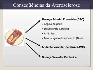 Conseqüências da Aterosclerose

             Doença Arterial Coronária (DAC)
             • Angina de peito
             • Insuficiência Cardíaca
             • Arritmias
             • Infarto agudo do miocárdio (IAM)


            Acidente Vascular Cerebral (AVC)


            Doença Vascular Periférica

                                                  30
 