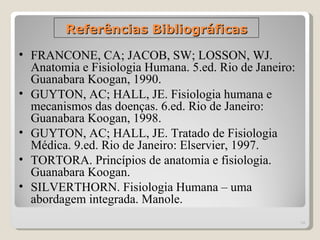 Referências Bibliográficas

• FRANCONE, CA; JACOB, SW; LOSSON, WJ.
  Anatomia e Fisiologia Humana. 5.ed. Rio de Janeiro:
  Guanabara Koogan, 1990.
• GUYTON, AC; HALL, JE. Fisiologia humana e
  mecanismos das doenças. 6.ed. Rio de Janeiro:
  Guanabara Koogan, 1998.
• GUYTON, AC; HALL, JE. Tratado de Fisiologia
  Médica. 9.ed. Rio de Janeiro: Elservier, 1997.
• TORTORA. Princípios de anatomia e fisiologia.
  Guanabara Koogan.
• SILVERTHORN. Fisiologia Humana – uma
  abordagem integrada. Manole.
                                                        34
 