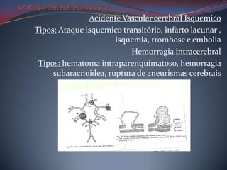Acidente Vascular cerebral Isquemico
Tipos: Ataque isquemico transitório, infarto lacunar ,
                      isquemia, trombose e embolia
                           Hemorragia intracerebral
 Tipos: hematoma intraparenquimatoso, hemorragia
     subaracnoidea, ruptura de aneurismas cerebrais
 
